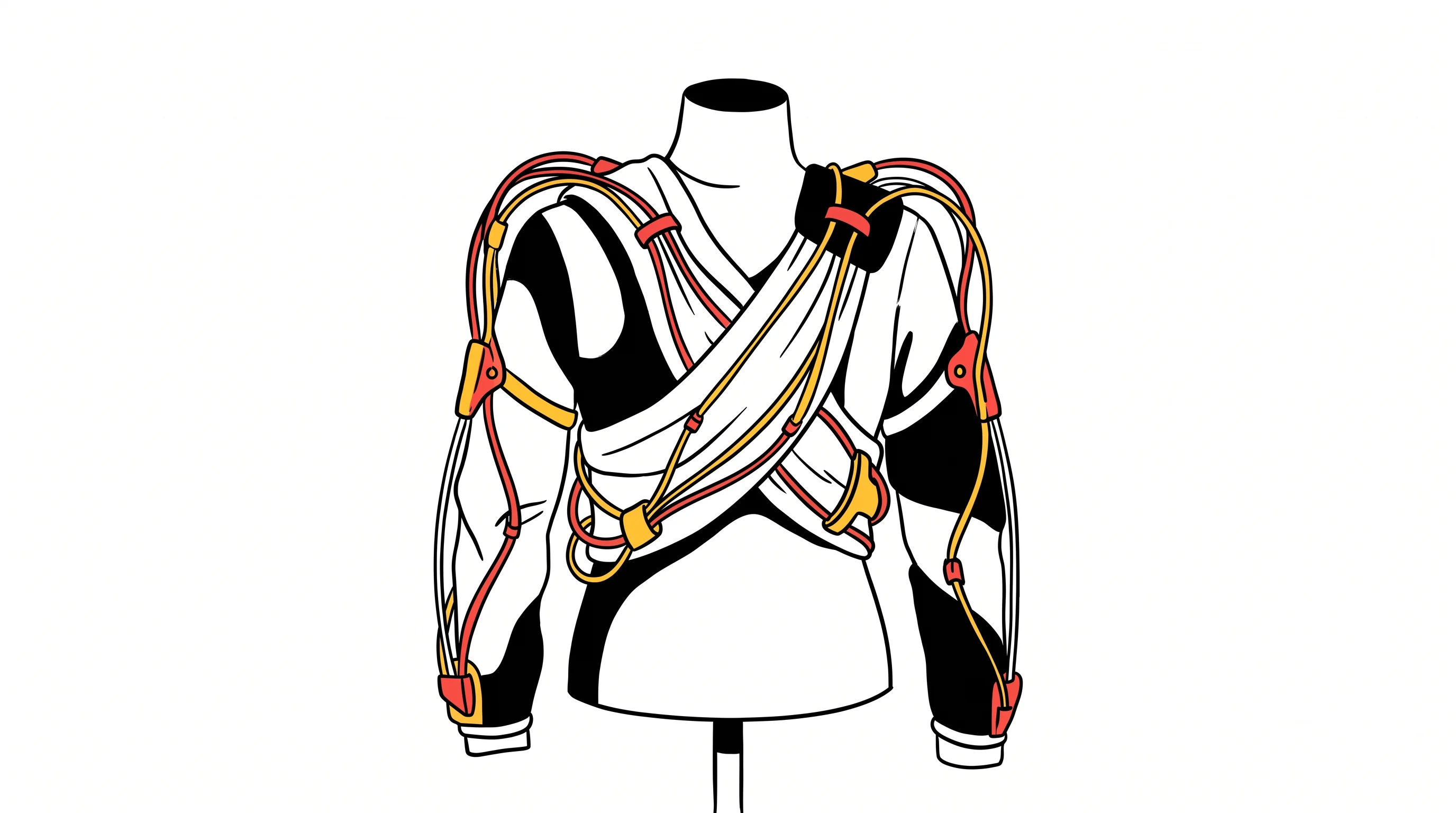 Digital illustration for article section "Academic Roots, Industrial Muscle" in "HUROTICS raises $18.6M for medical exosuit technology" - A minimalist, conceptual illustration of a flexible, cable-driven soft exosuit draped over an abstra...