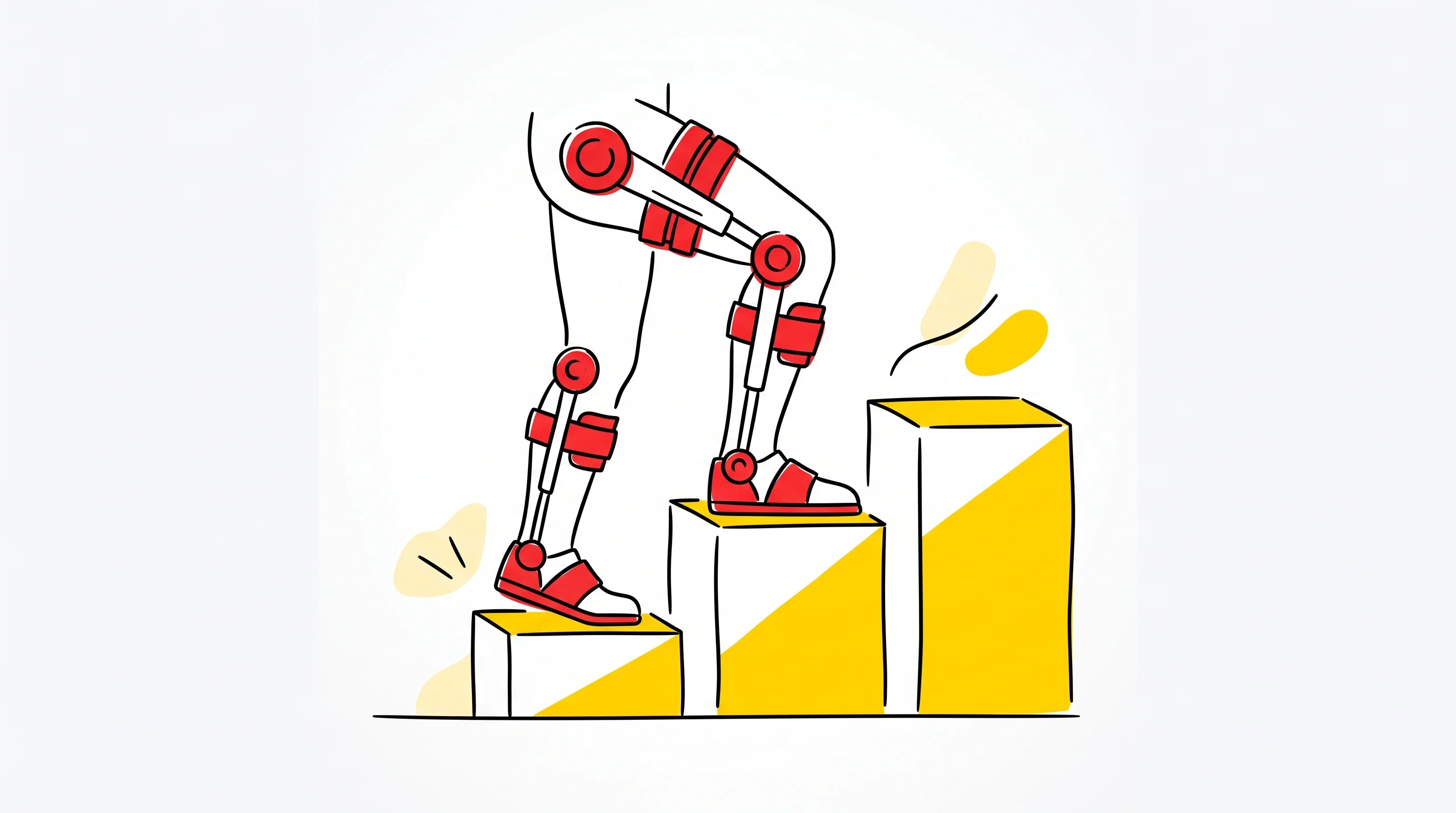Digital illustration for article section "Crowded Field, Fast Growth" in "HUROTICS raises $18.6M for medical exosuit technology" - A conceptual, minimalist illustration of an empty medical rehabilitation robotic exoskeleton leg bra...