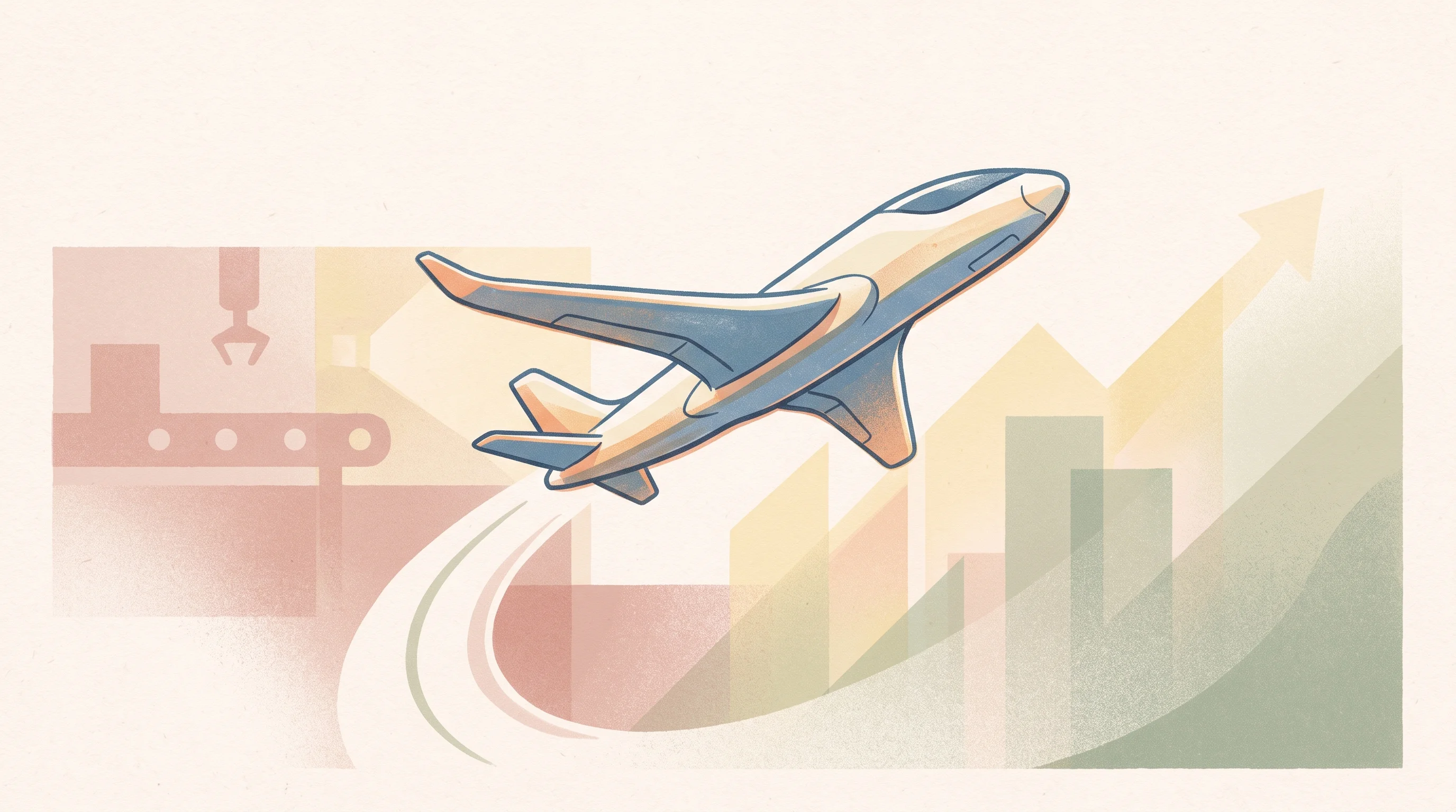 Digital illustration for article section "Content Section 3" in "Forgepoint raises $9.8M to deploy AI agents in manufacturing" - A minimalist and conceptual illustration of a sleek, modern autonomous aircraft soaring upward, symb...