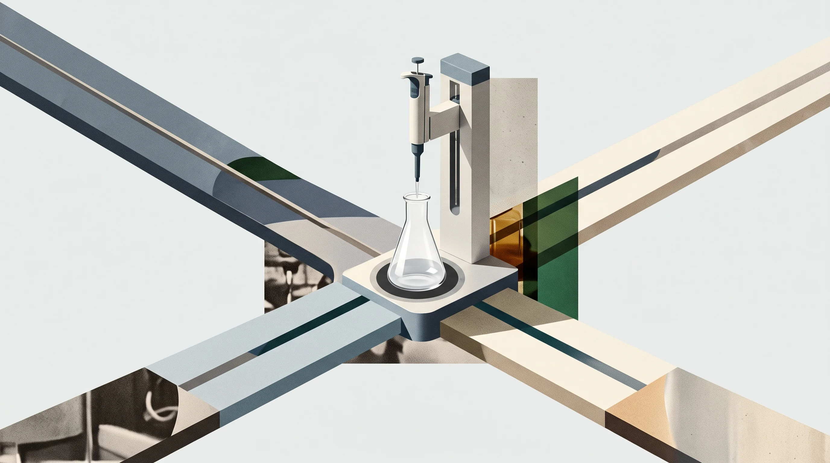 Digital illustration for article section "What Changed in 2026" in "Primordiant builds AI robots to run scientific experiments" - A conceptual and minimalist visual representation of a self-driving lab where three distinct, sleek ...