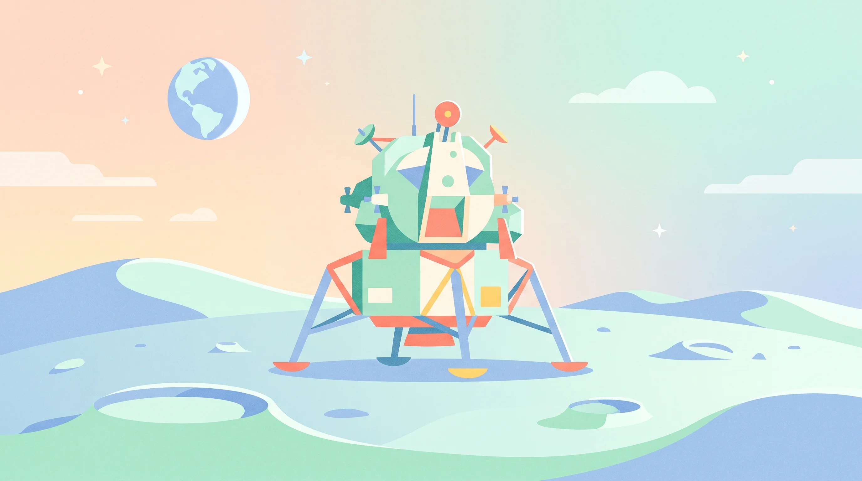 Digital illustration for article section "Content Section 2" in "RATLOG launches from YC with $400M in rocket bookings" - A clean, minimalist flat vector illustration of a sleek, conceptual lunar lander module resting on a...