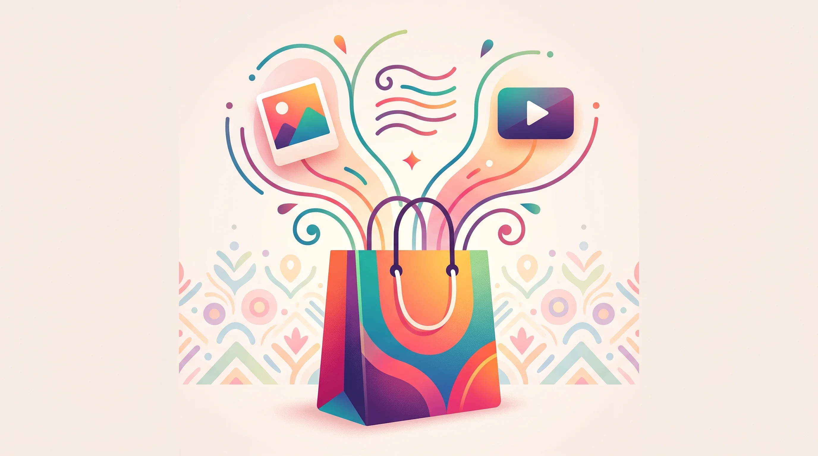 Digital illustration for article section "Content Section 3" in "Shhots launches AI UGC ad generator for e-commerce brands" - A stylized, minimalist e-commerce shopping bag sits centrally in a clean composition, with simplifie...