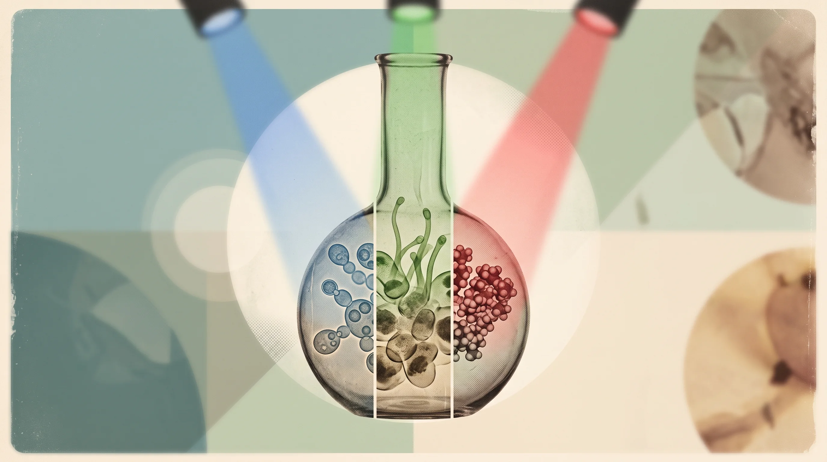 Digital illustration for article section "How It Works (and Why Light Matters)" in "Fermeate raises $2M to bring optogenetics to biomanufacturing" - A clean, minimal, and conceptual representation of optogenetic metabolic science and photomolecular ...