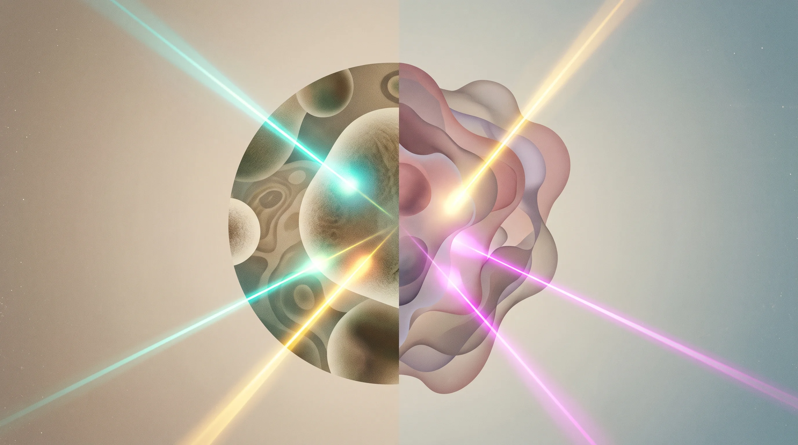 Digital illustration for article section "The Competitive Landscape" in "Fermeate raises $2M to bring optogenetics to biomanufacturing" - A conceptual, surreal digital collage representing the competitive landscape of light-based biomanuf...