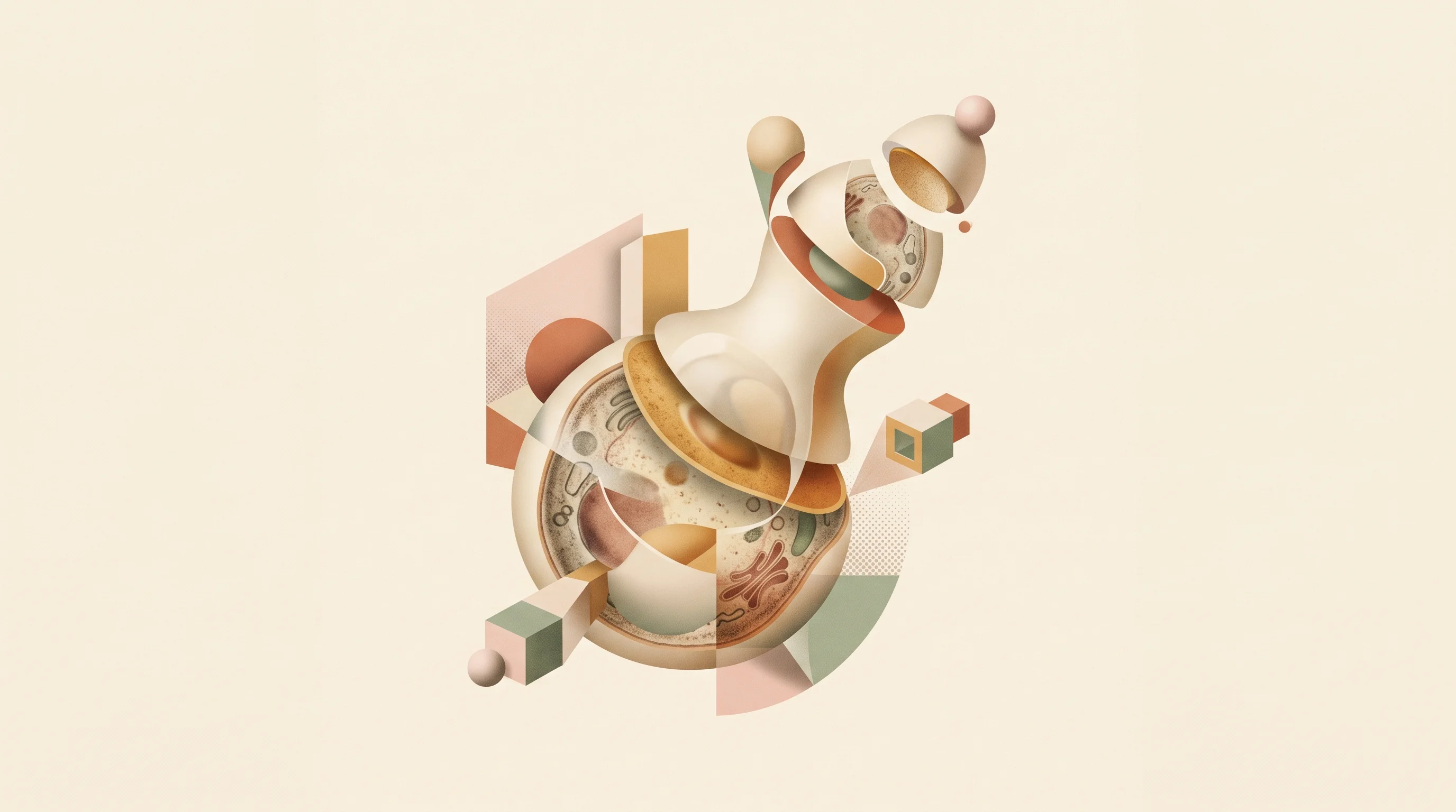 Digital illustration for article section "What Happens Next" in "Fermeate raises $2M to bring optogenetics to biomanufacturing" - A clean, minimalist surreal digital collage representing the future of biological engineering and st...