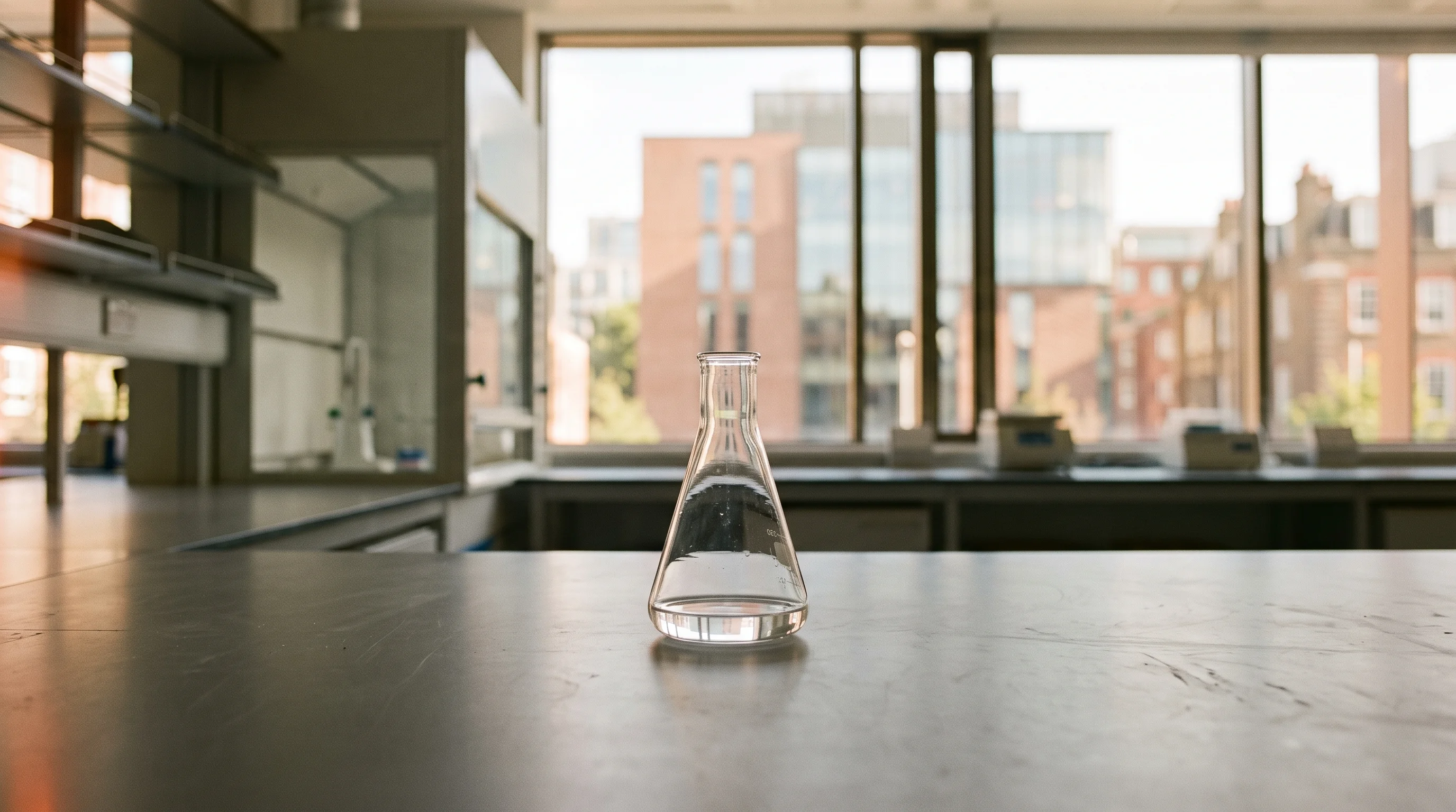 Digital illustration for article section "Content Section 3" in "Unravel Health raises $3.3M for at-home hormone monitor" - A clean, minimalist composition of a modern life sciences wet lab, featuring a single, pristine glas...