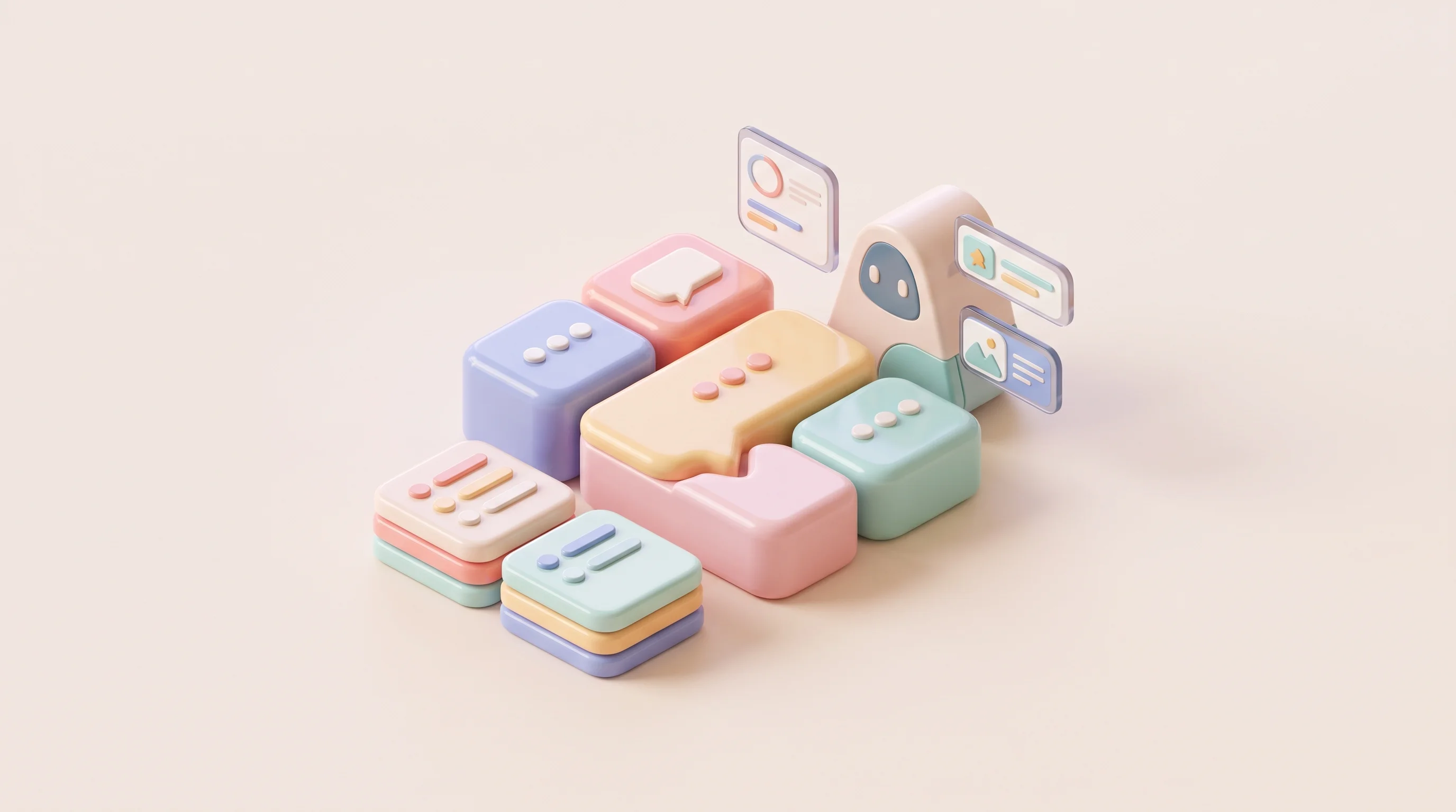 Digital illustration for article section "Content Section 6" in "Roma launches self-executing to-do list from Loom alumni" - A clean, minimal 3D cartoon miniature model of a modern collaboration workspace, featuring rounded, ...