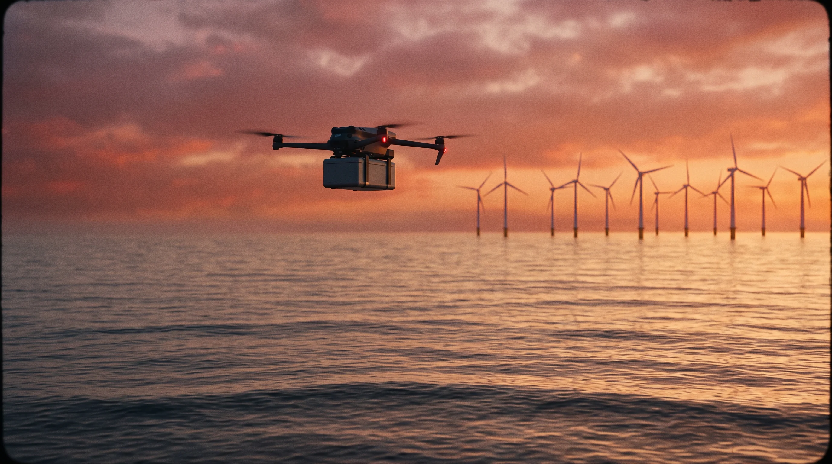Digital illustration for article section "The Competition" in "Aviern builds autonomous cargo aircraft in 2 months" - A sleek, modern delivery drone carrying a compact cargo payload flies smoothly over calm offshore oc...