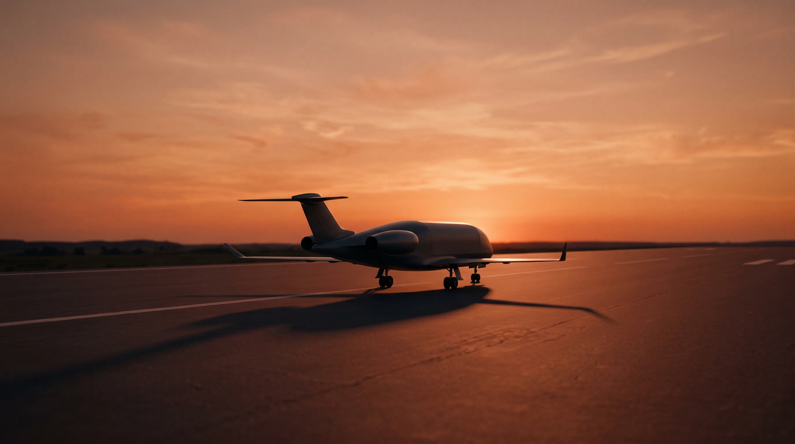 Digital illustration for article section "What Comes Next" in "Aviern builds autonomous cargo aircraft in 2 months" - A sleek, modern unmanned aerial cargo vehicle resting on a minimalist runway, its aerodynamic silhou...