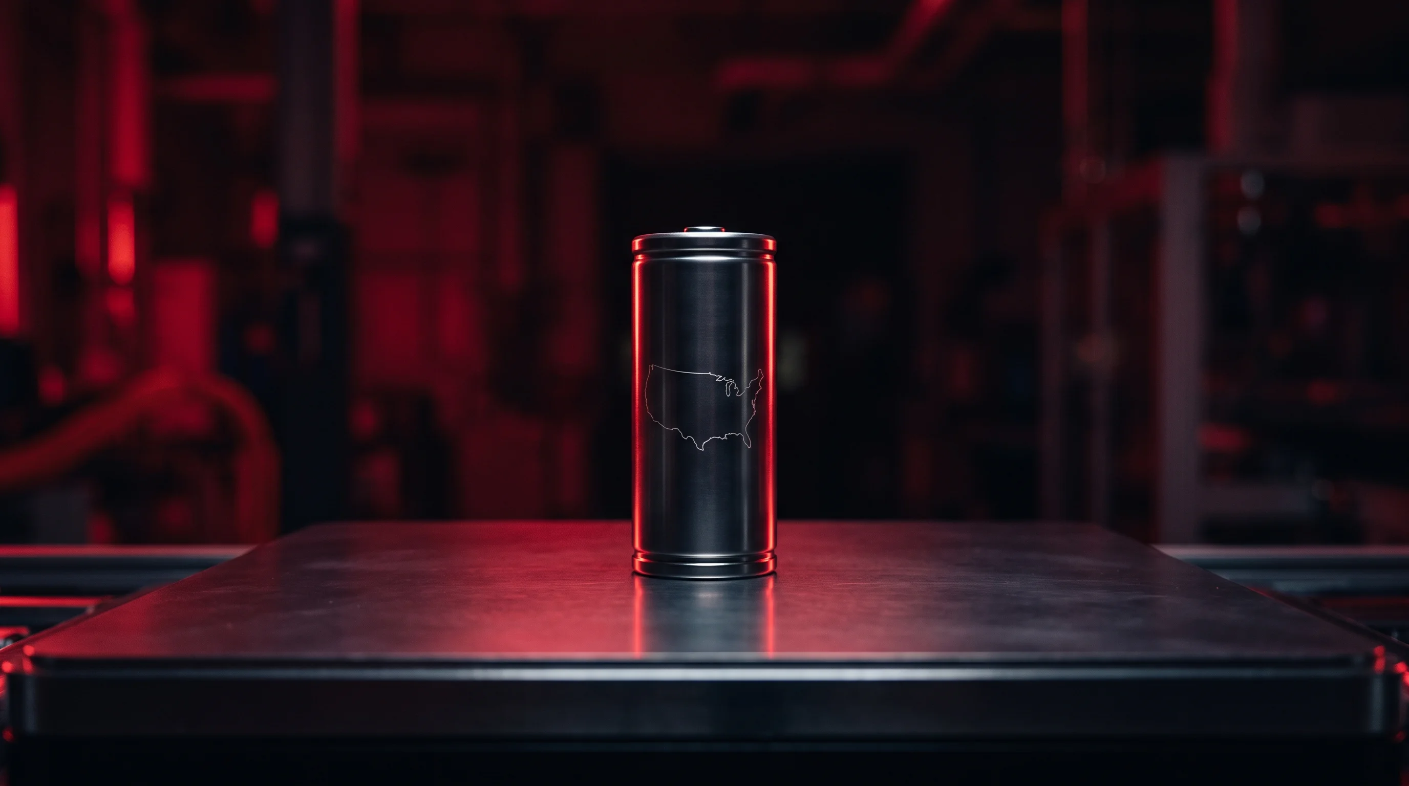 Digital illustration for article section "The Domestic Angle" in "Mana Battery raises $10.15M for anode-free sodium-ion cells" - A single, sleek industrial battery cell resting on a smooth, dark, uncluttered metallic platform, re...