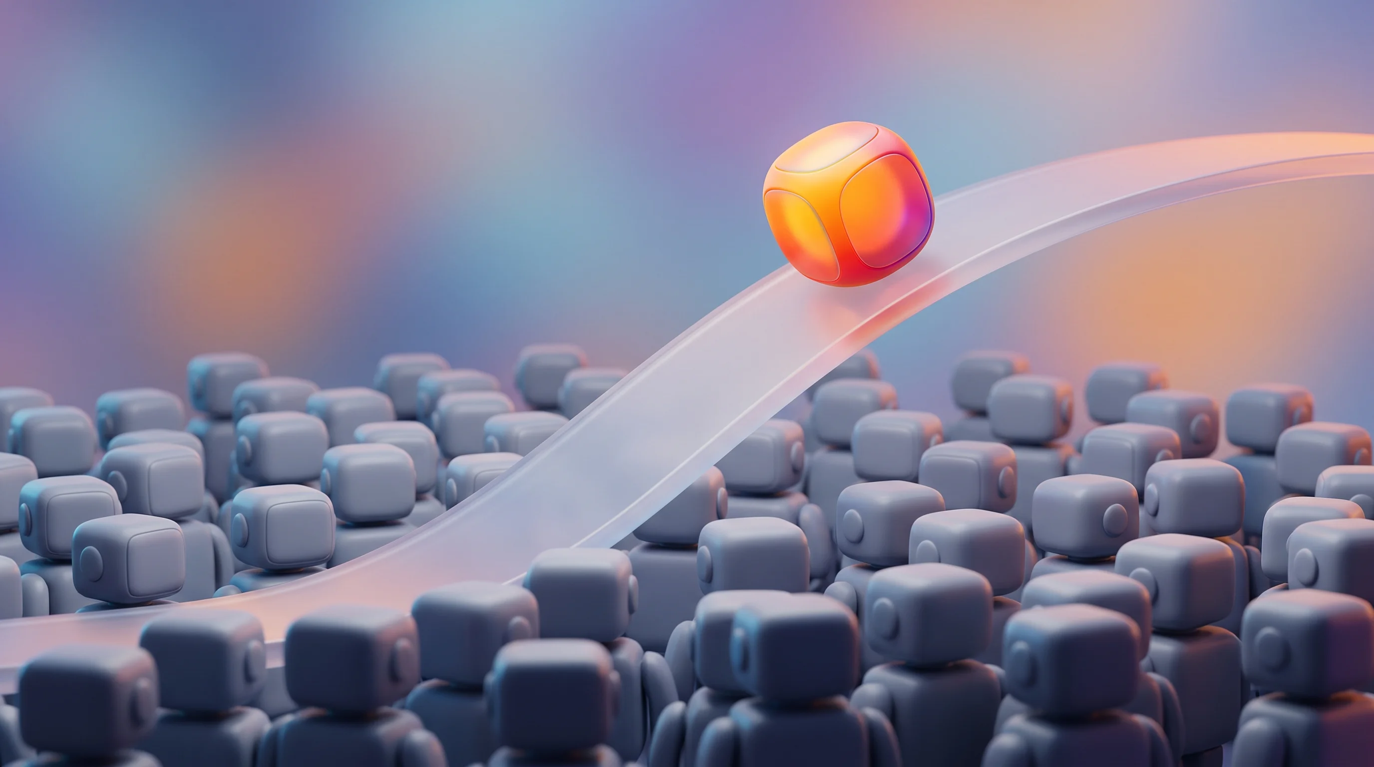 Digital illustration for article section "Crowded Field, New Angle" in "Minicor raises $3.8M to connect AI with legacy desktop apps" - A minimalist, hyper-realistic 3D animated scene representing a "new angle" in a crowded market of au...