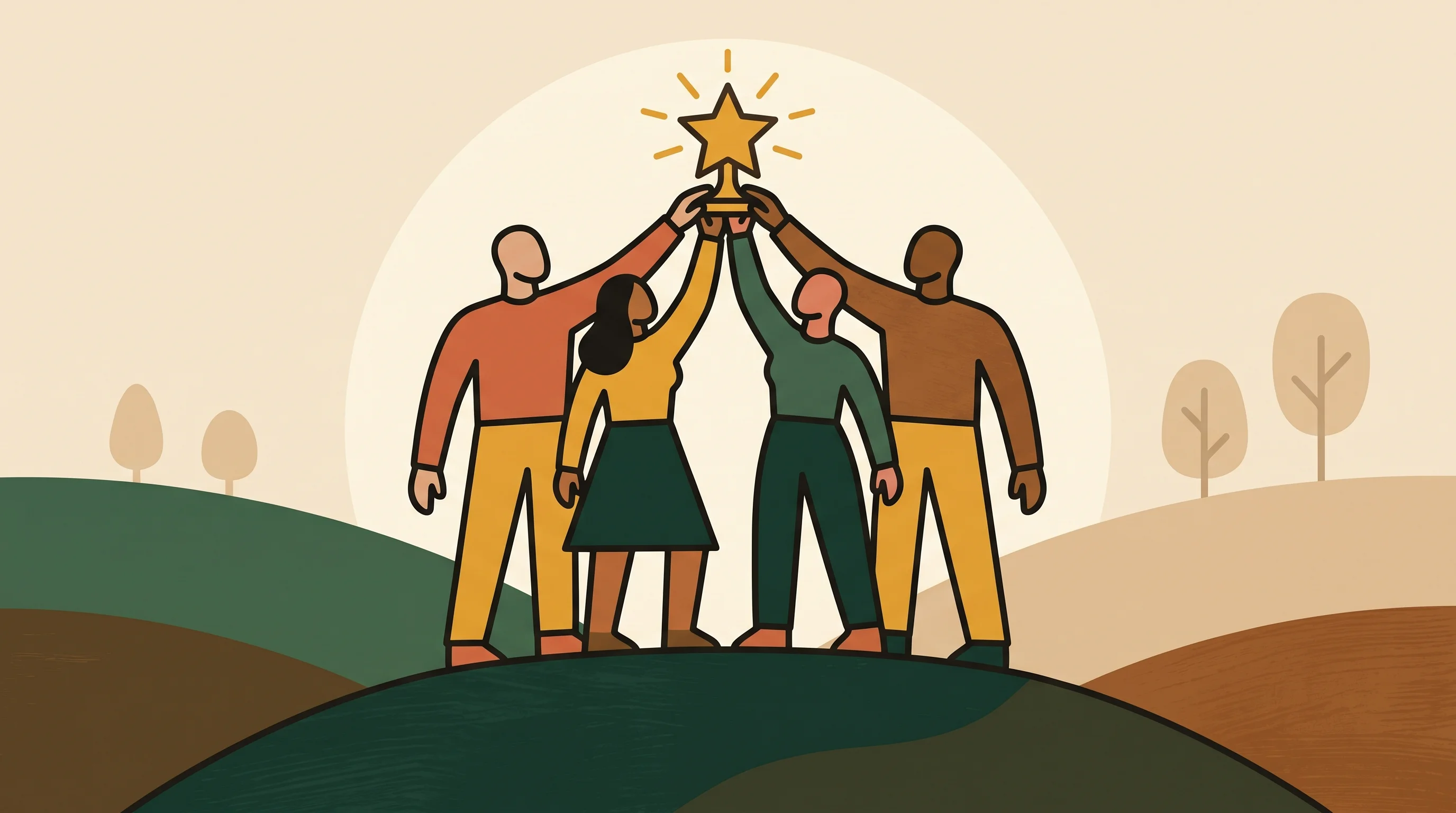 Digital illustration for article section "Content Section 3" in "Quivly AI launches agentic workspace to automate customer success" - A minimalist and conceptual representation of a small, victorious startup team, featuring four styli...