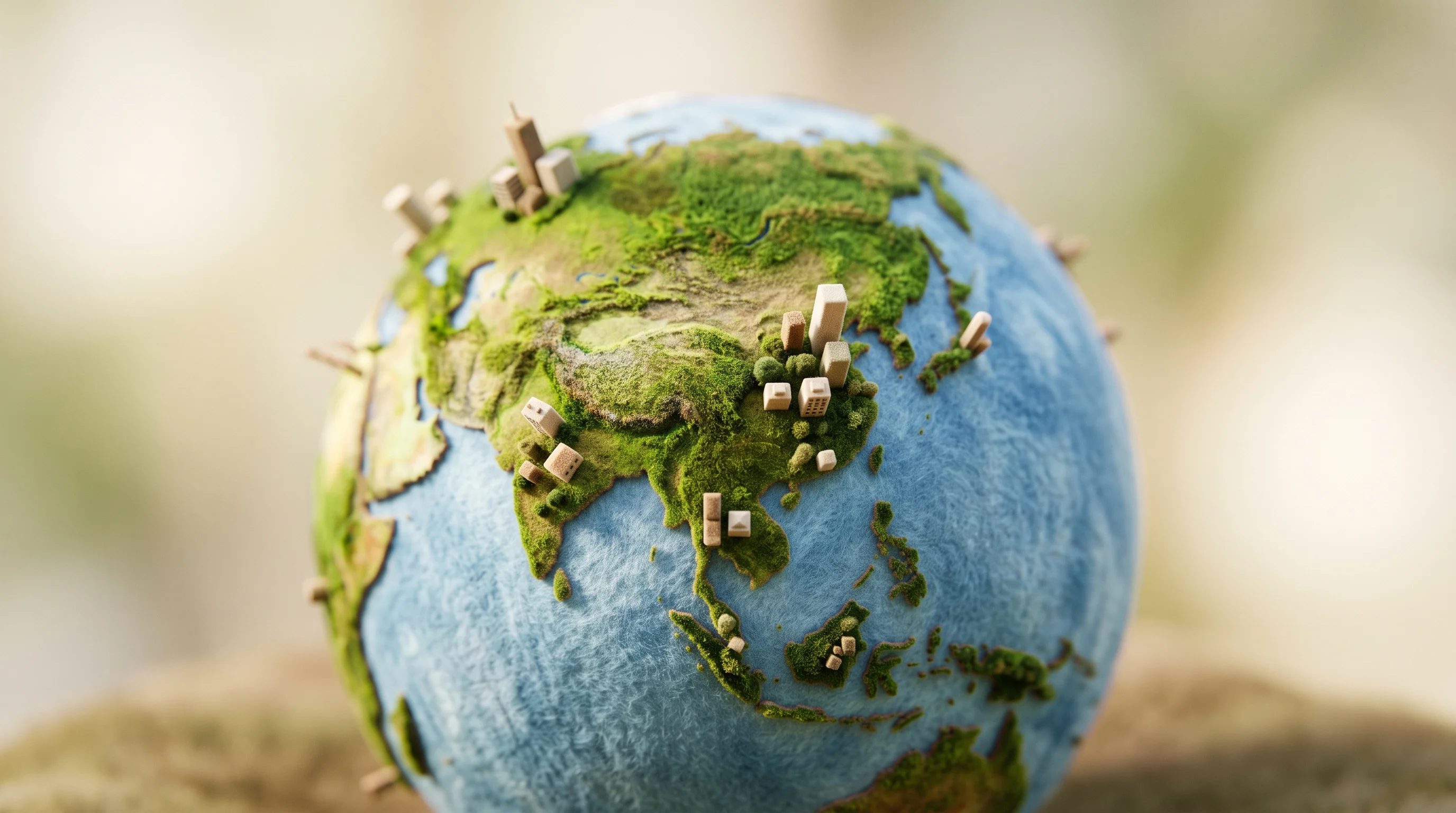 Digital illustration for article section "Clients span continents but most traction looks Asia-focused" in "Lantern AI hits $1M ARR in 11 months with AI recruiting" - A minimalist and conceptual macro-photography view of a stylized, miniature globe focusing prominent...