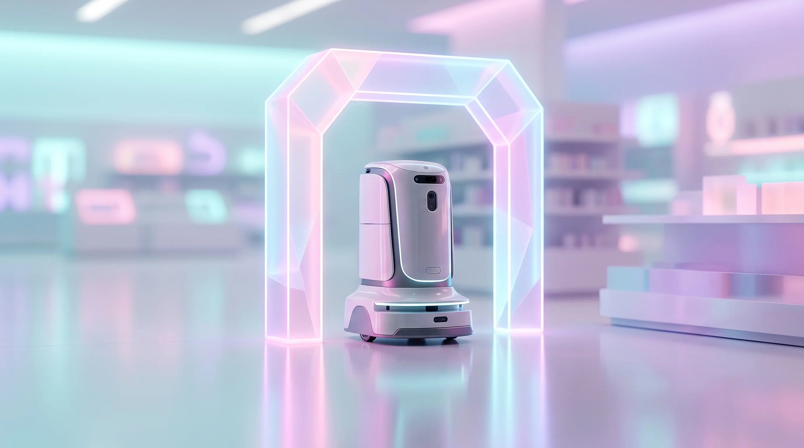 Digital illustration for article section "The Reality Check" in "Theseus Robotics deploys humanoid robots for supermarkets" - A sleek, minimalist shelf-intelligence robot smoothly gliding down a pristine, modern retail aisle, ...