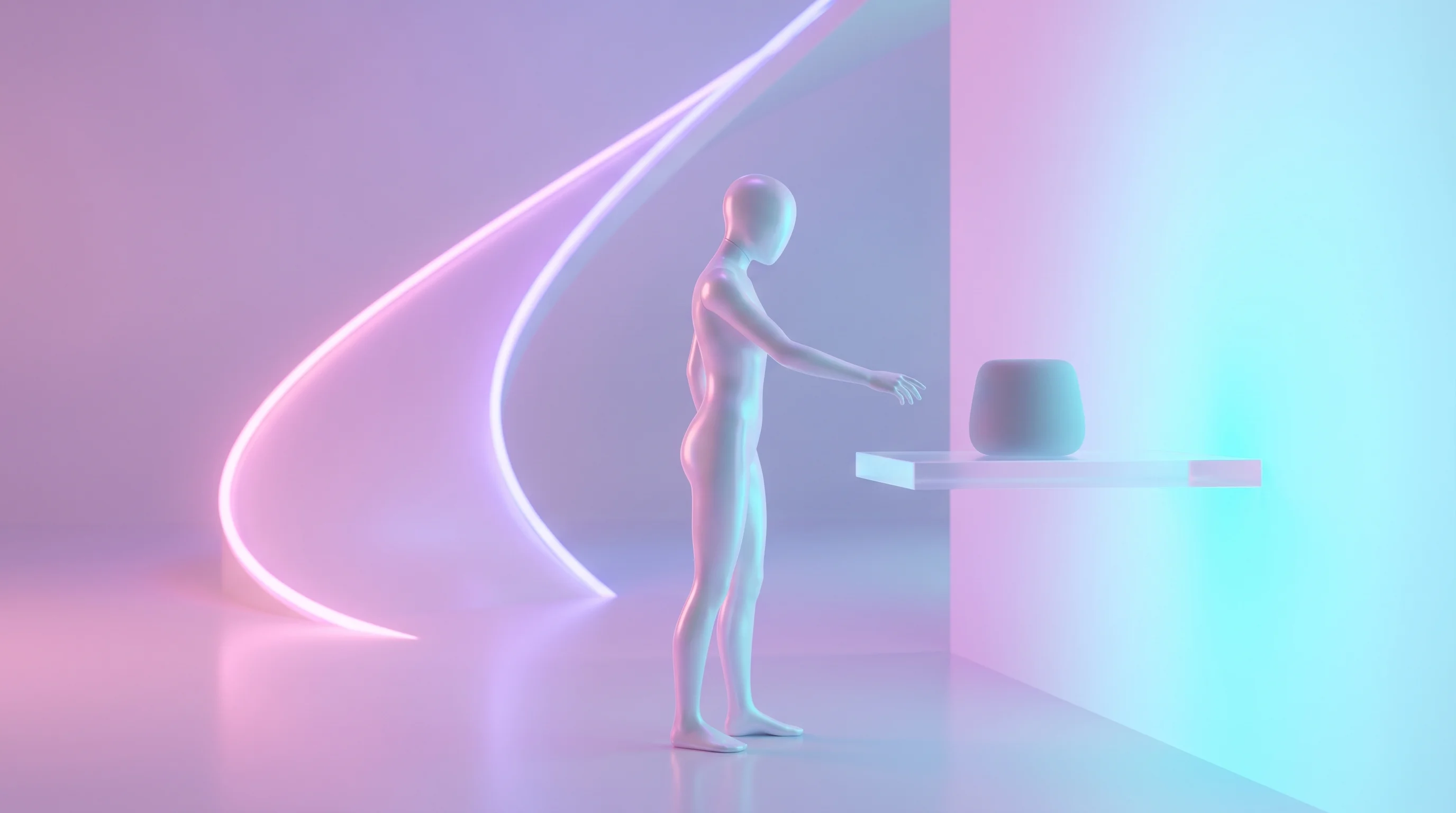Digital illustration for article section "The Long Game" in "Theseus Robotics deploys humanoid robots for supermarkets" - A sleek, faceless humanoid figure stands in a minimalist, abstract retail environment, gently reachi...