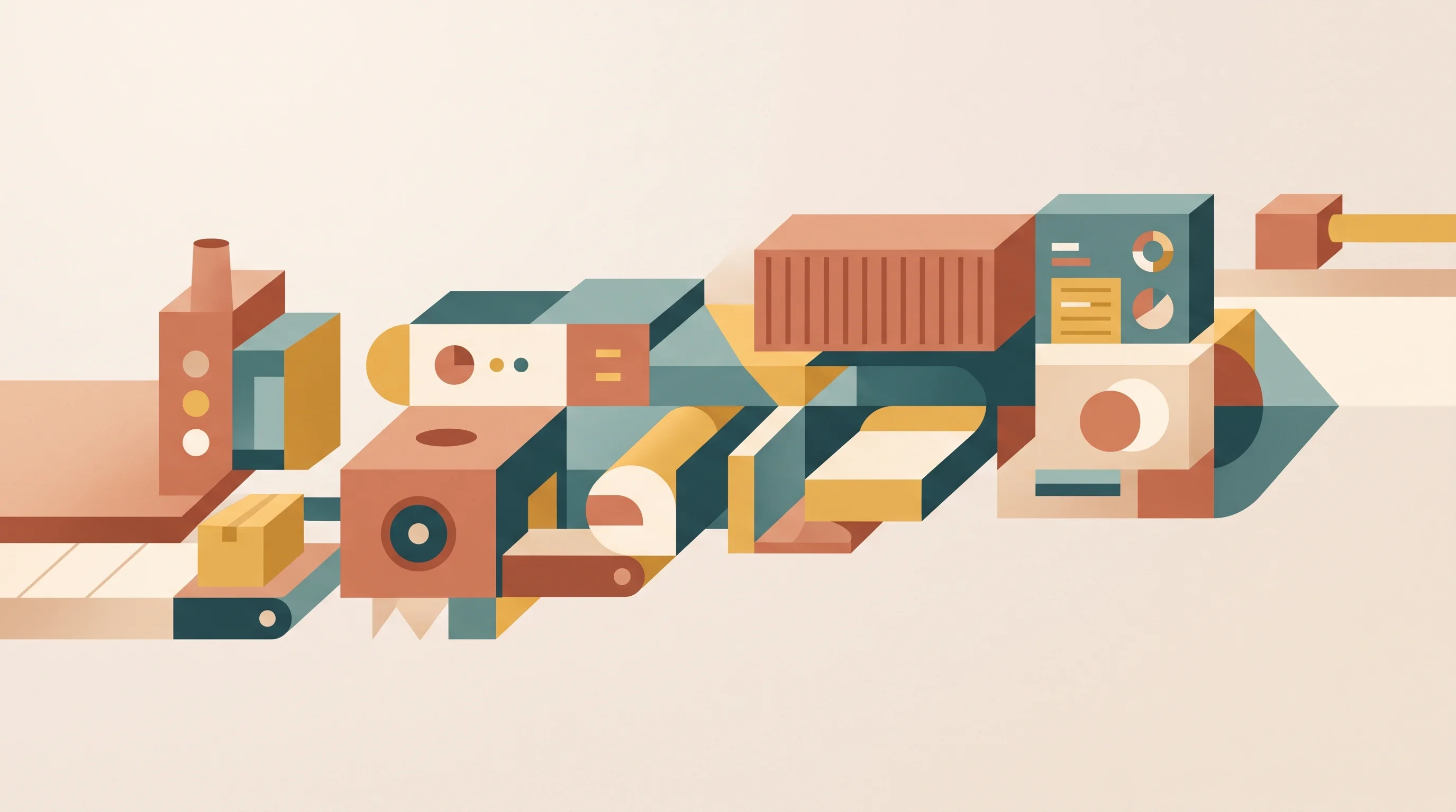 Digital illustration for article section "The Incumbents Move Fast" in "Faraday launches AI agents for industrial manufacturing" - A minimalist and modern editorial illustration representing the rapid advancement of industrial soft...