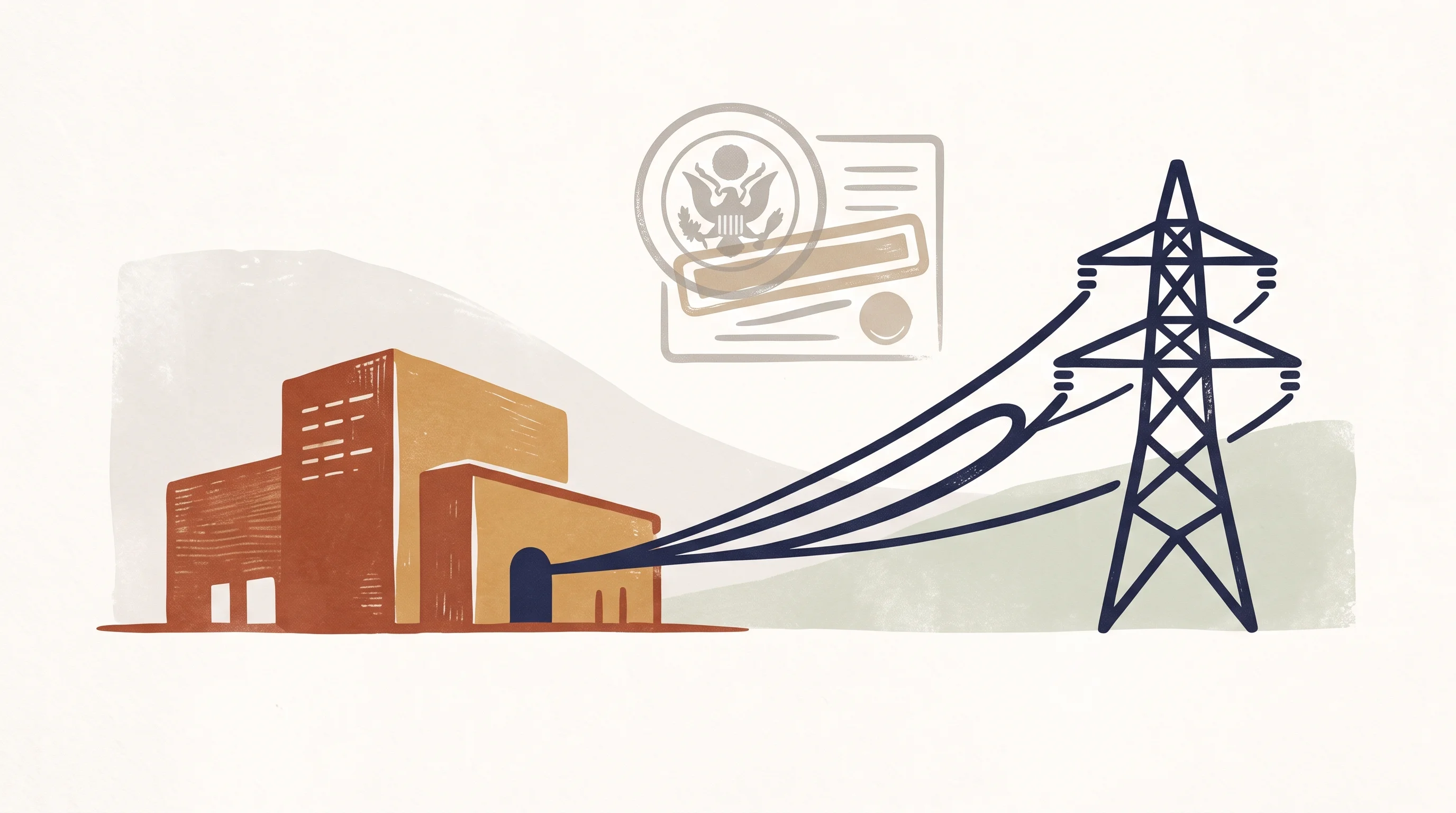 Digital illustration for article section "Federal Pressure to Accelerate Connections" in "Applied Kinetics deploys AI agents for energy buildout" - A conceptual, minimalist illustration depicting the acceleration of energy connections for large dat...