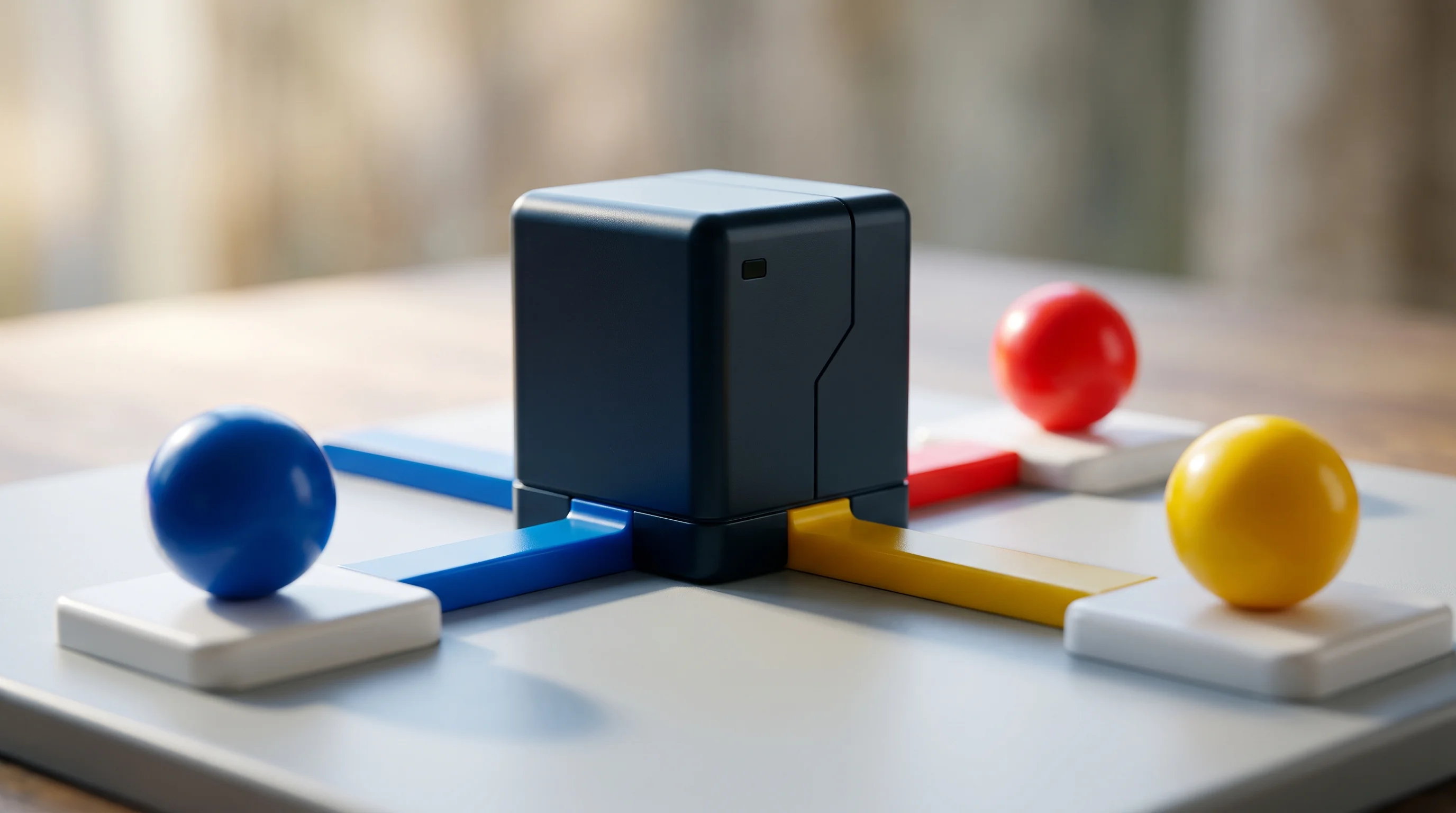 Digital illustration for article section "How the technology worked" in "Geniez AI raises $6M for mainframe AI agent framework" - A macro photography shot of a minimalist miniature plastic toy scene representing a central mainfram...