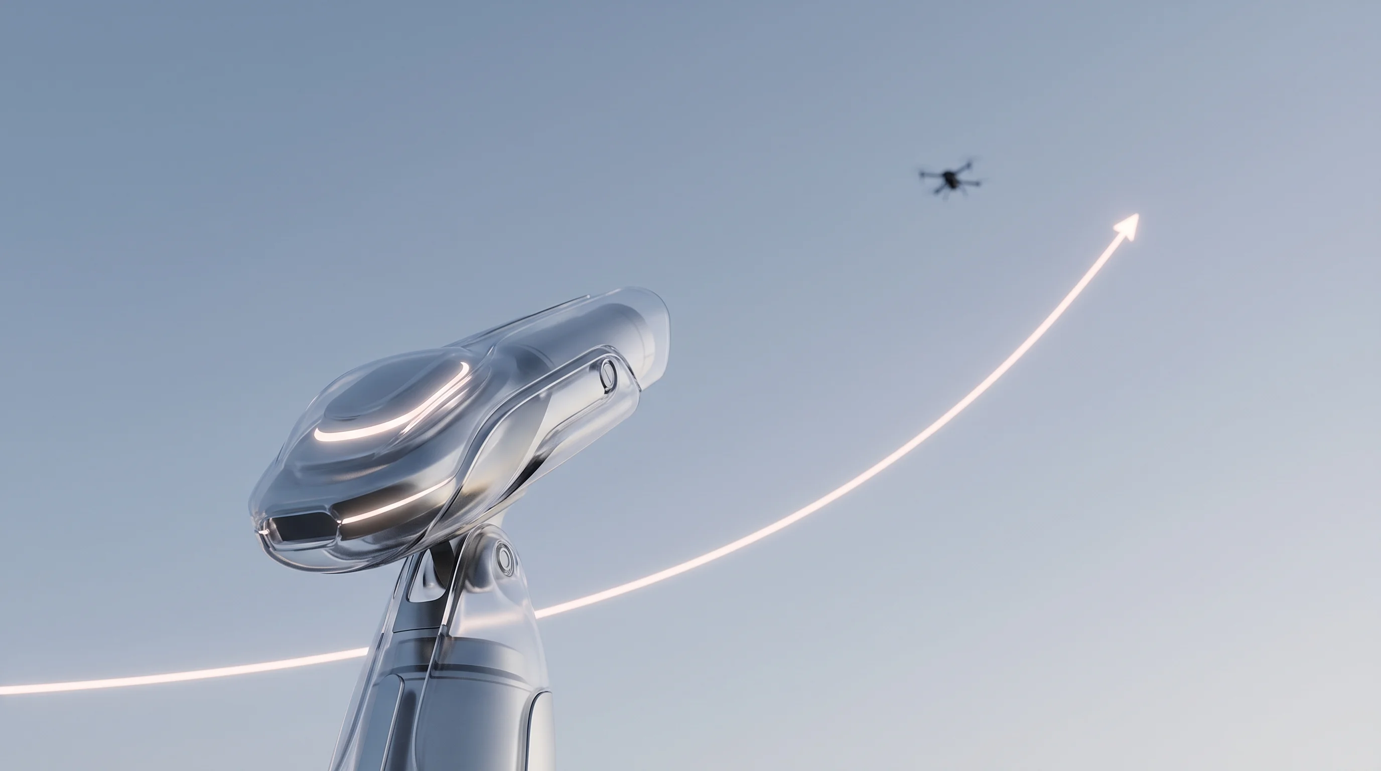Digital illustration for article section "Content Section 3" in "Austin Sensing raises $11M to detect airspace threats" - A minimalist, futuristic counter-drone sensing system aiming upward at a distant, abstracted drone s...