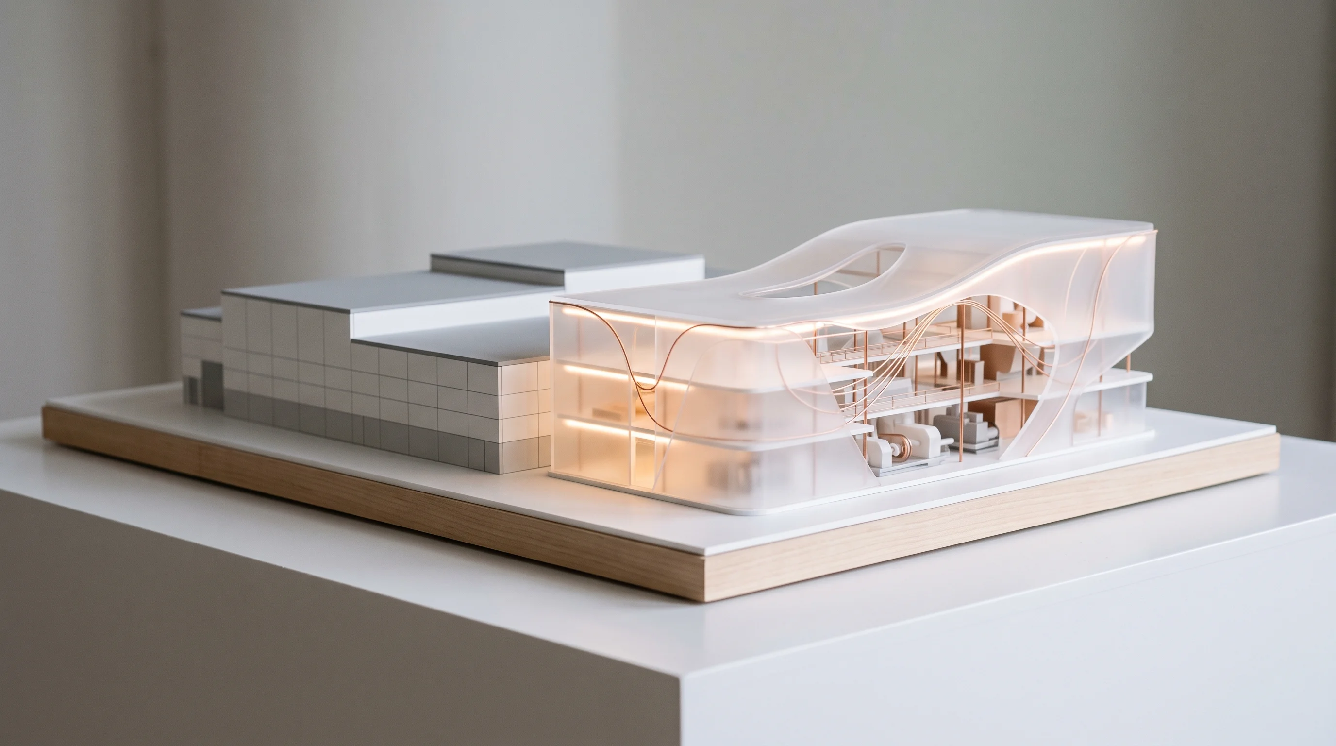 Digital illustration for article section "Content Section 4" in "Austin Sensing raises $11M to detect airspace threats" - A pristine, minimalist architectural scale model of a modern manufacturing facility expansion, resti...