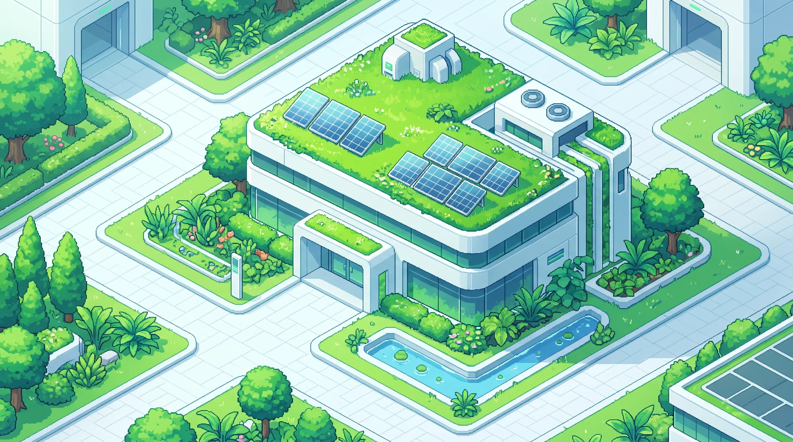Digital illustration for article section "Content Section 2" in "Blue Whale Energy raises $4M for battery grid to power AI DCs" - A clean, minimalist top-down isometric view of a futuristic yet eco-friendly green data center facil...
