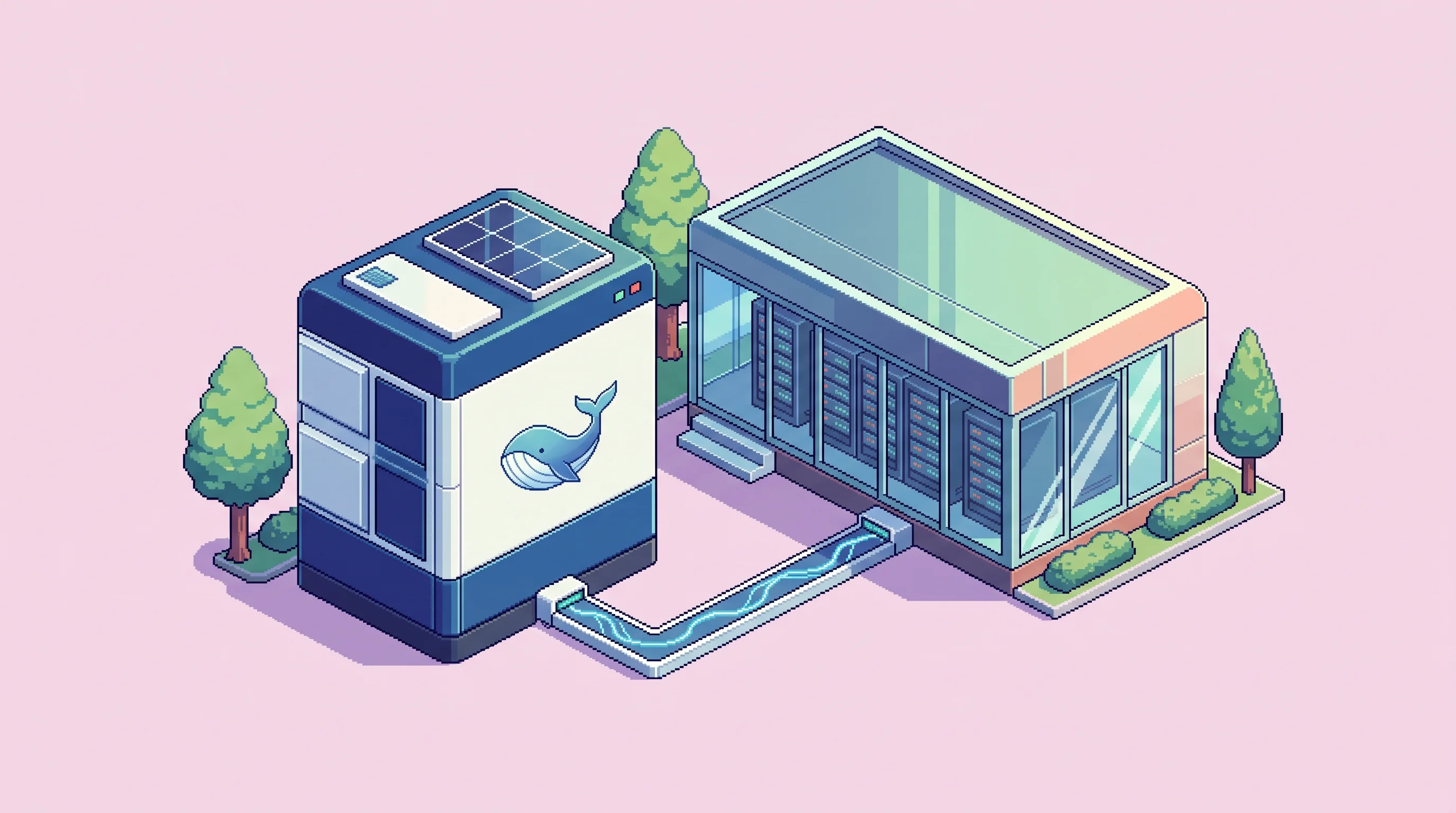 Digital illustration for article section "Content Section 4" in "Blue Whale Energy raises $4M for battery grid to power AI DCs" - A clean, minimalist isometric view of a sleek, modern commercial battery energy storage unit intelli...