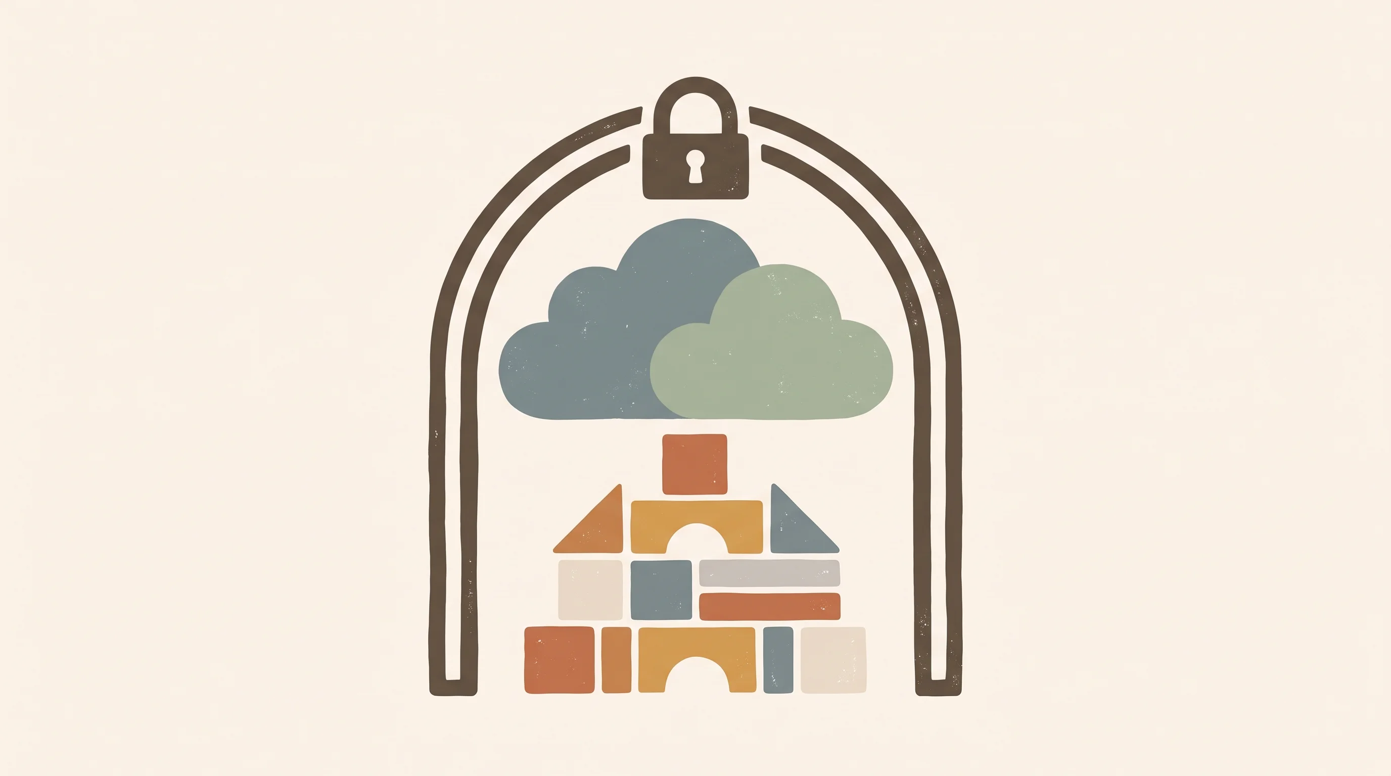 Digital illustration for article section "Security Theater or Real Safeguards?" in "GodHands launches AI platform to capture team workflows" - A minimalist, conceptual illustration of a secure, private cloud sanctuary representing safe, on-pre...