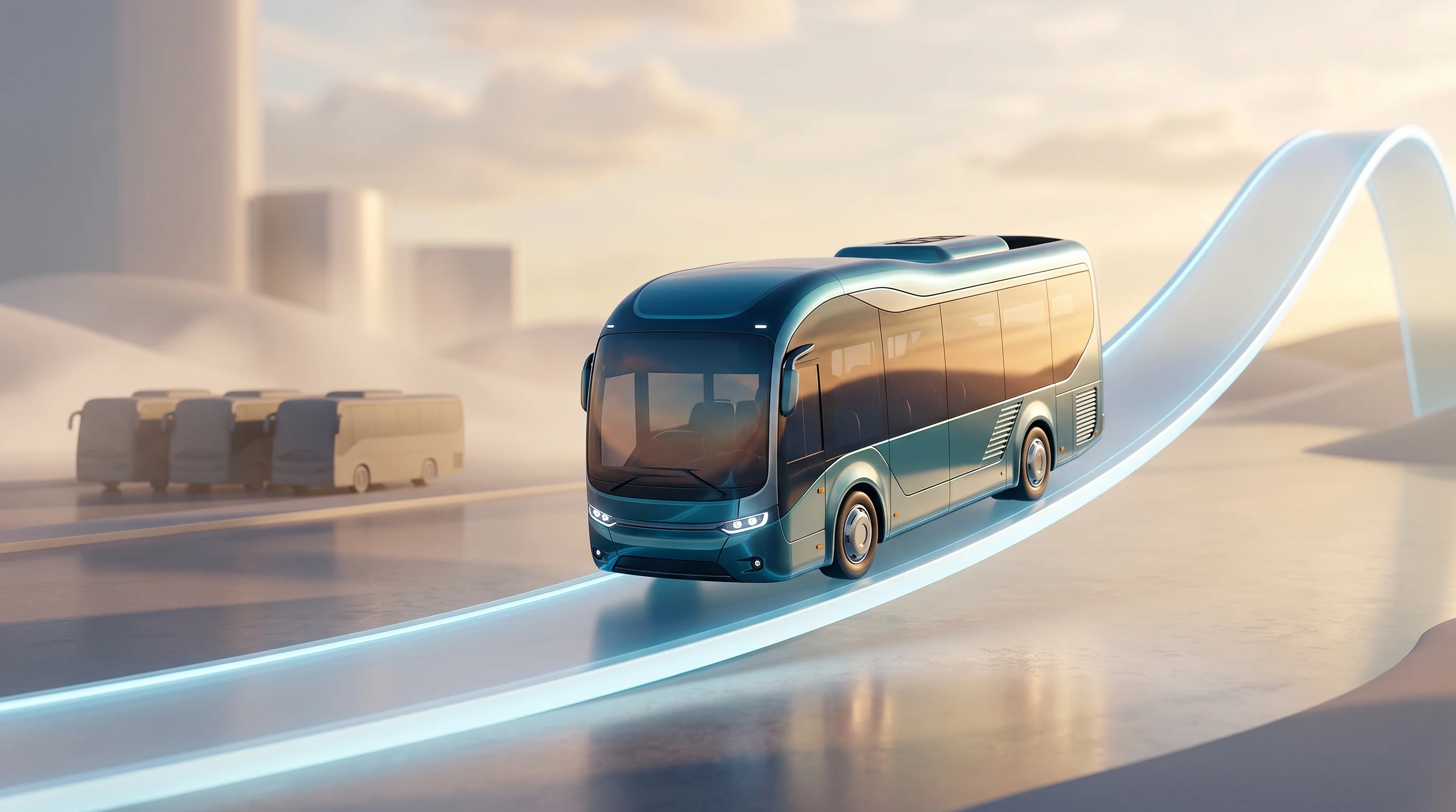 Digital illustration for article section "Content Section 3" in "GreenCell Mobility raises $35M to scale electric bus fleet" - A sleek, modern electric bus serves as the clean, central focal point, smoothly driving forward to r...