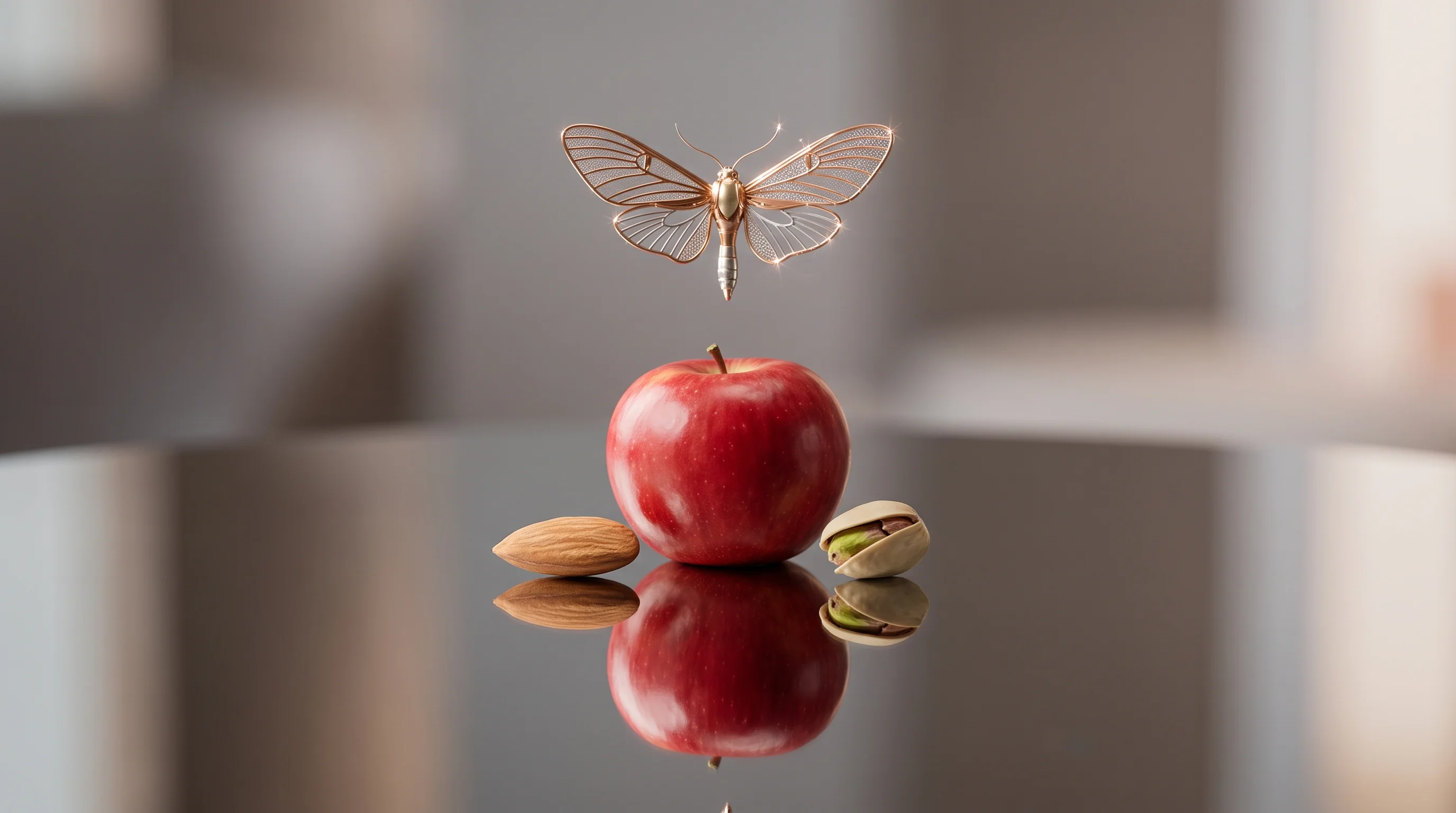 Digital illustration for article section "Content Section 2" in "Molagri raises $5.8M to build resistance-free pesticides" - A clean, minimalist composition featuring a single, flawless apple alongside a smooth almond and pis...