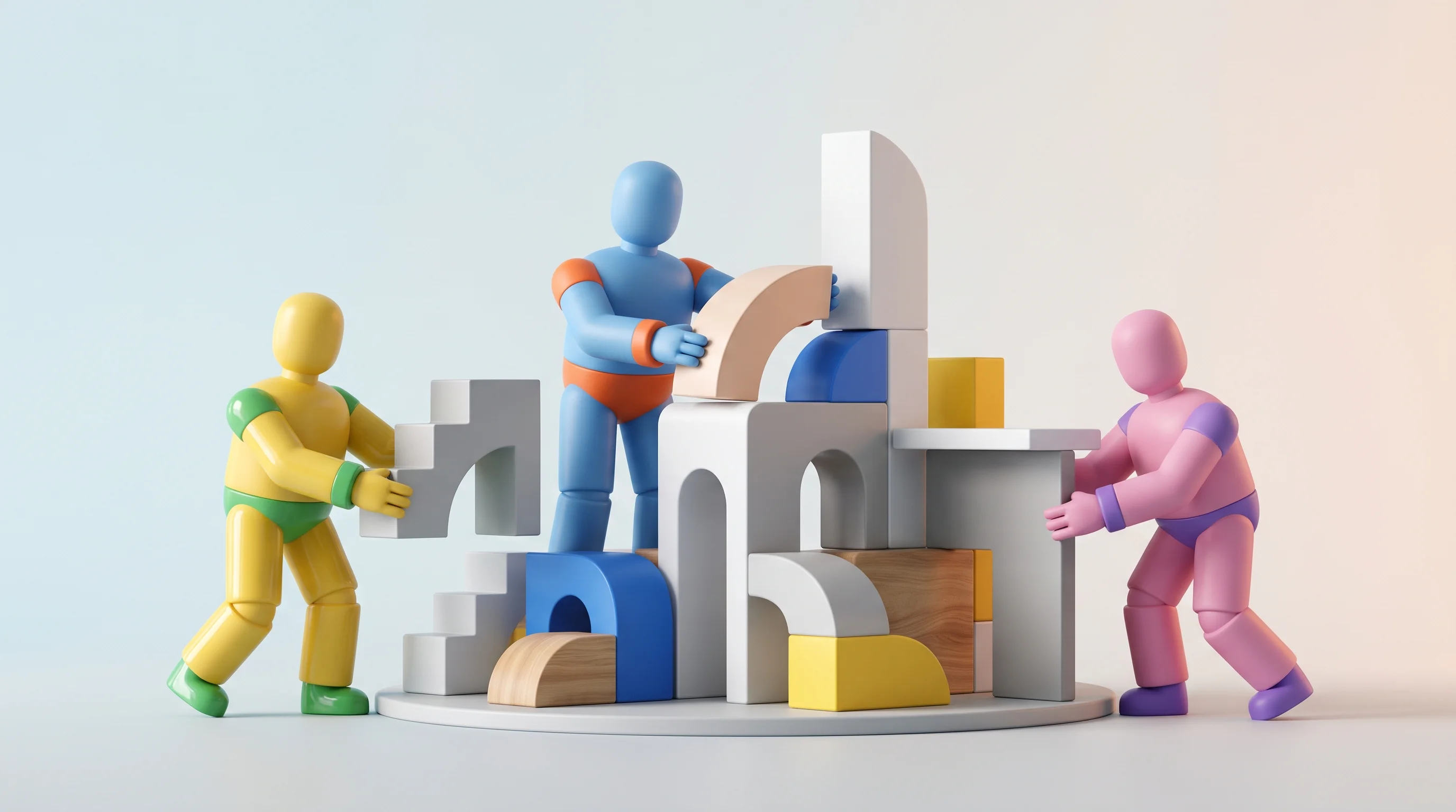 Digital illustration for article section "A team from Europe's tech scene" in "Gradient raises $4M to build AI-native accounting for startups" - A minimalist, conceptual 3D illustration of three faceless, geometric designer toy figurines collabo...