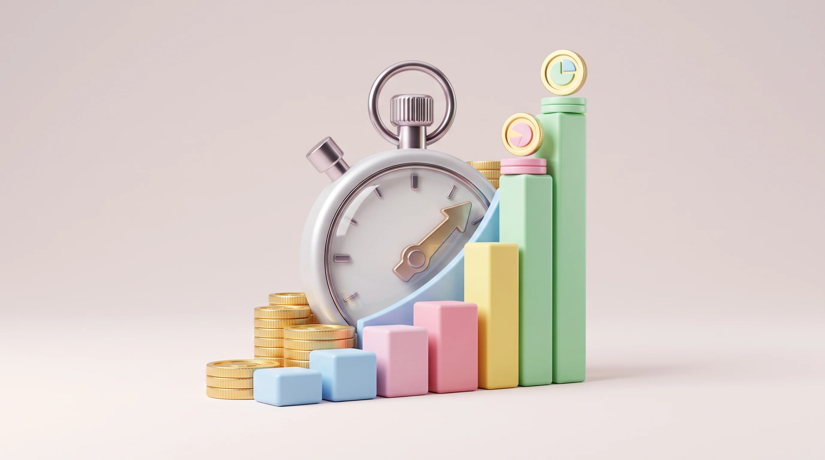 Digital illustration for article section "Timing and competition" in "Gradient raises $4M to build AI-native accounting for startups" - A conceptual, modern 3D pop art illustration representing market timing, momentum, and financial com...