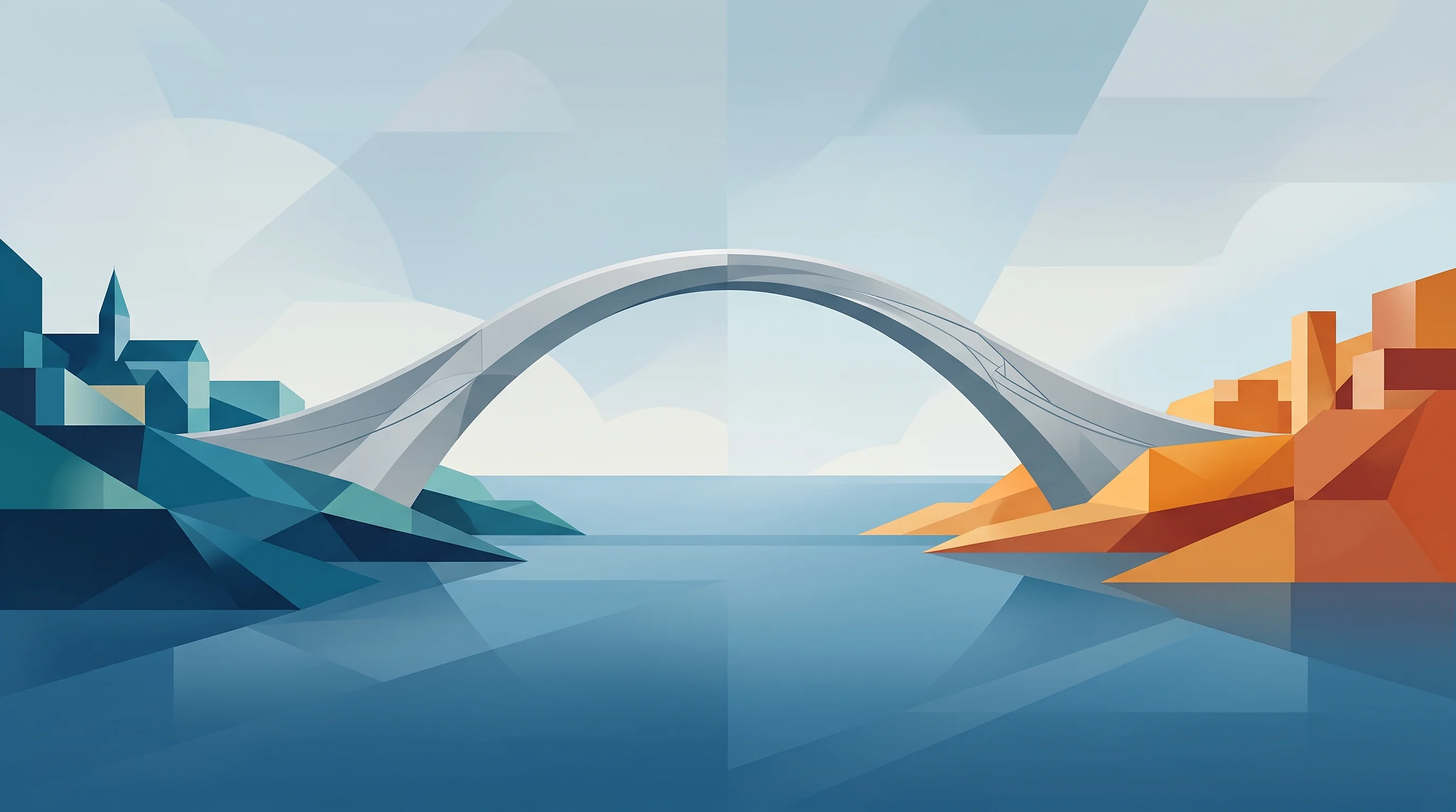 Digital illustration for article section "Crossing the Atlantic" in "Sphaira deploys AI isolation pods in hospitals" - A minimalist and conceptual representation of crossing the Atlantic, featuring a sleek, sweeping arc...