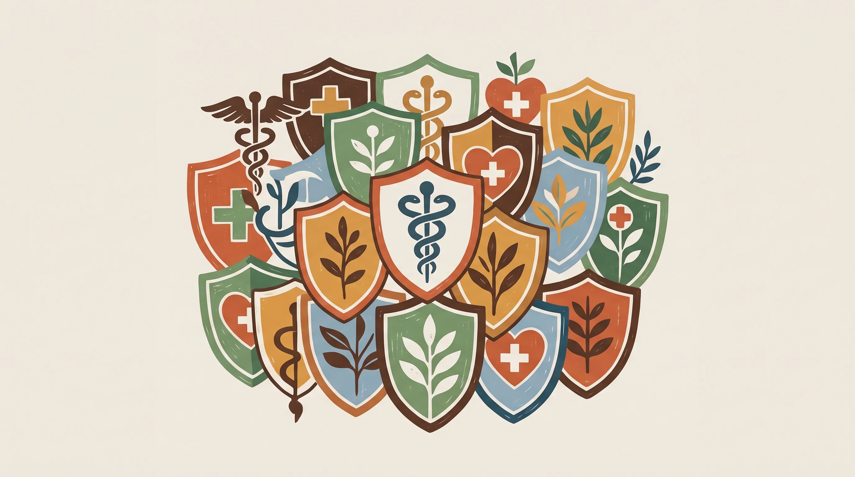 Digital illustration for article section "A Crowded Field" in "Readily raises $11M to automate health plan compliance" - A conceptual, minimalist illustration representing a crowded market of healthcare compliance platfor...
