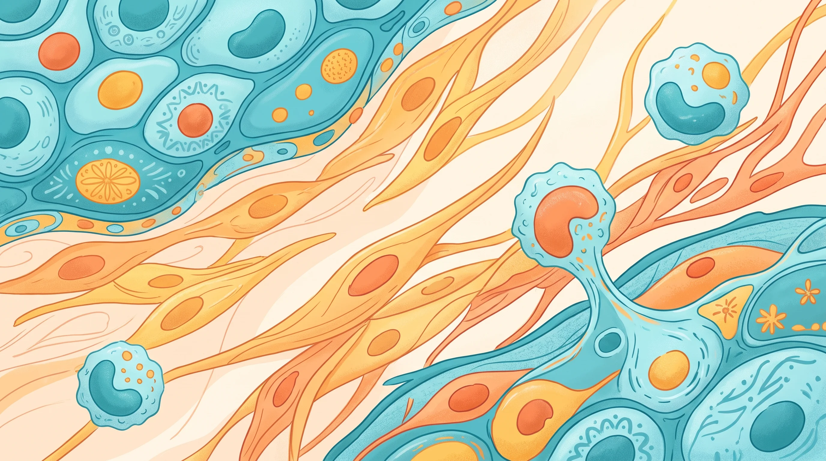 Digital illustration for article section "Proof Points and Skepticism" in "Sophont launches Holon-S1 to predict tumor biology from H&E slides" - A conceptual and abstract illustration of cellular tissue and immune infiltration representing medic...