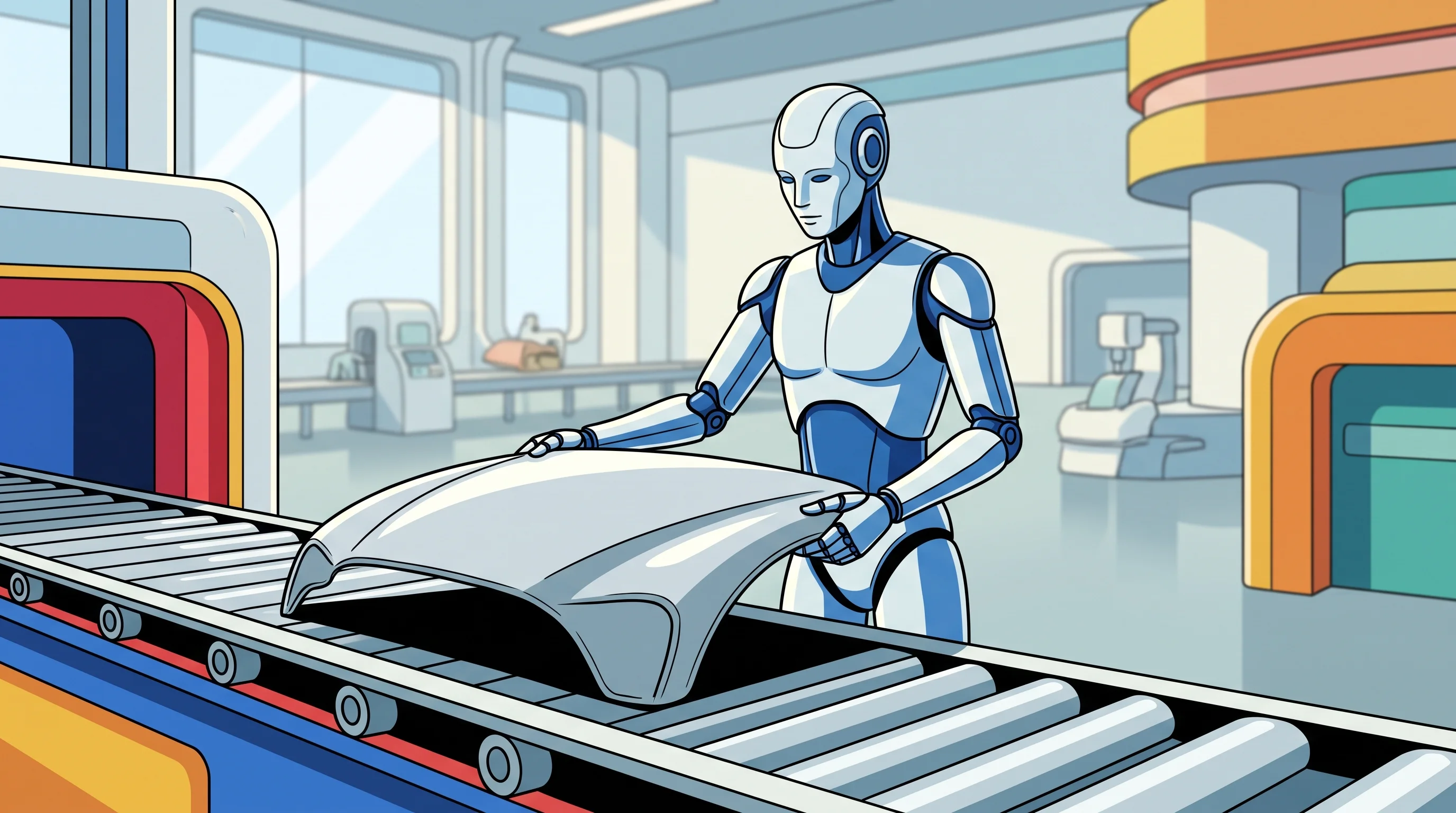 Digital illustration for article section "Industry Tailwinds" in "Preload launches sensor stack for robot training data" - A sleek, modern humanoid robot gracefully guiding a smooth automotive component along an assembly li...
