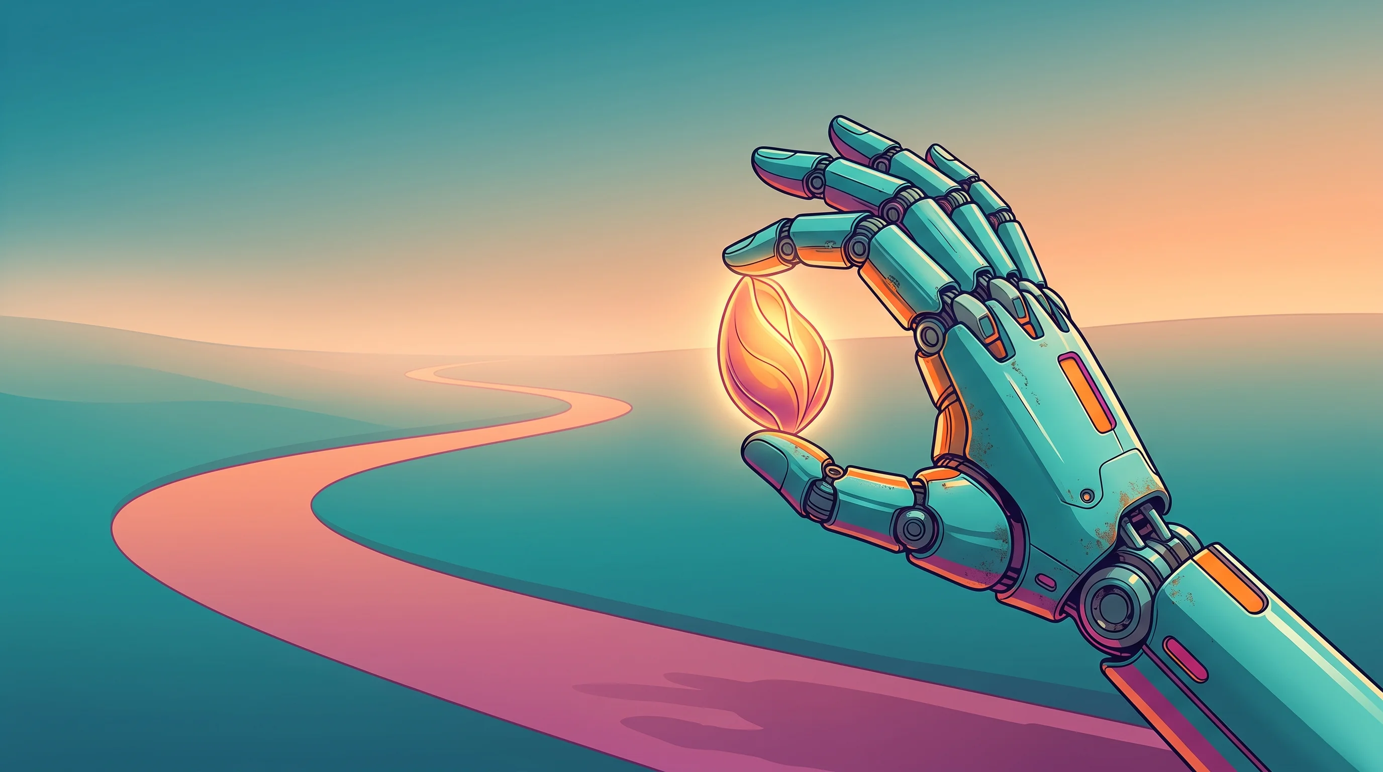Digital illustration for article section "The Long Game" in "Preload launches sensor stack for robot training data" - A single, elegant retro-futuristic robotic hand gently holding a glowing, stylized seed, symbolizing...