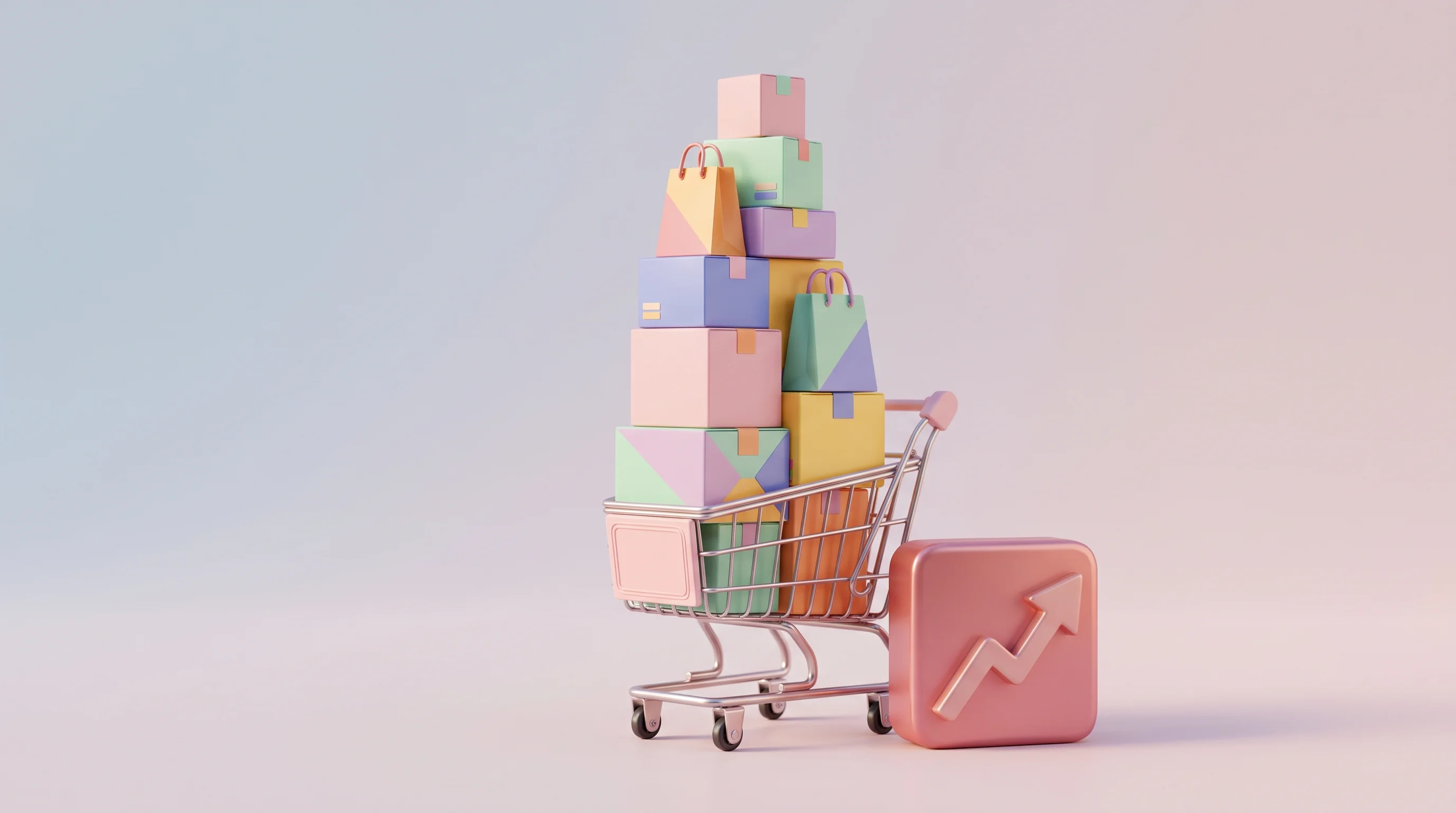 Digital illustration for article section "Content Section 2" in "YGO raises $8.9M to power AI hotel content infrastructure" - A stylized miniature shopping cart filled with an impressively tall, neatly stacked tower of colorfu...