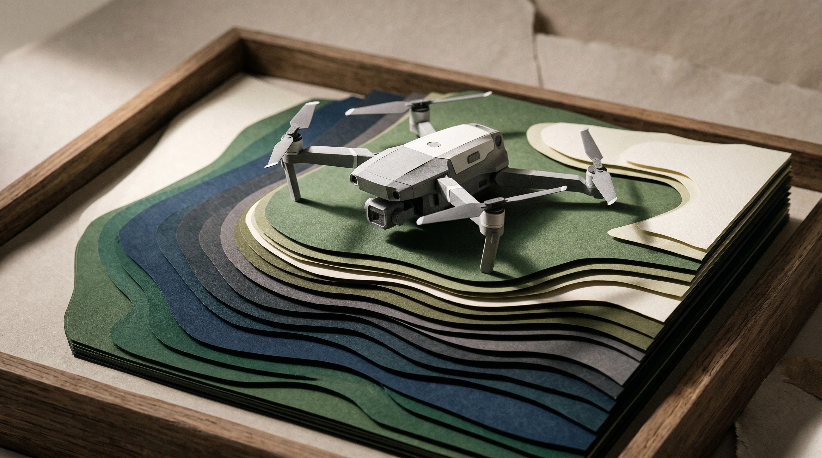 Digital illustration for article section "Content Section 3" in "Helicon raises $16.5M to industrialize composites manufacturing" - A sleek, modern small unmanned aircraft system serving as the central focal point, resting elegantly...