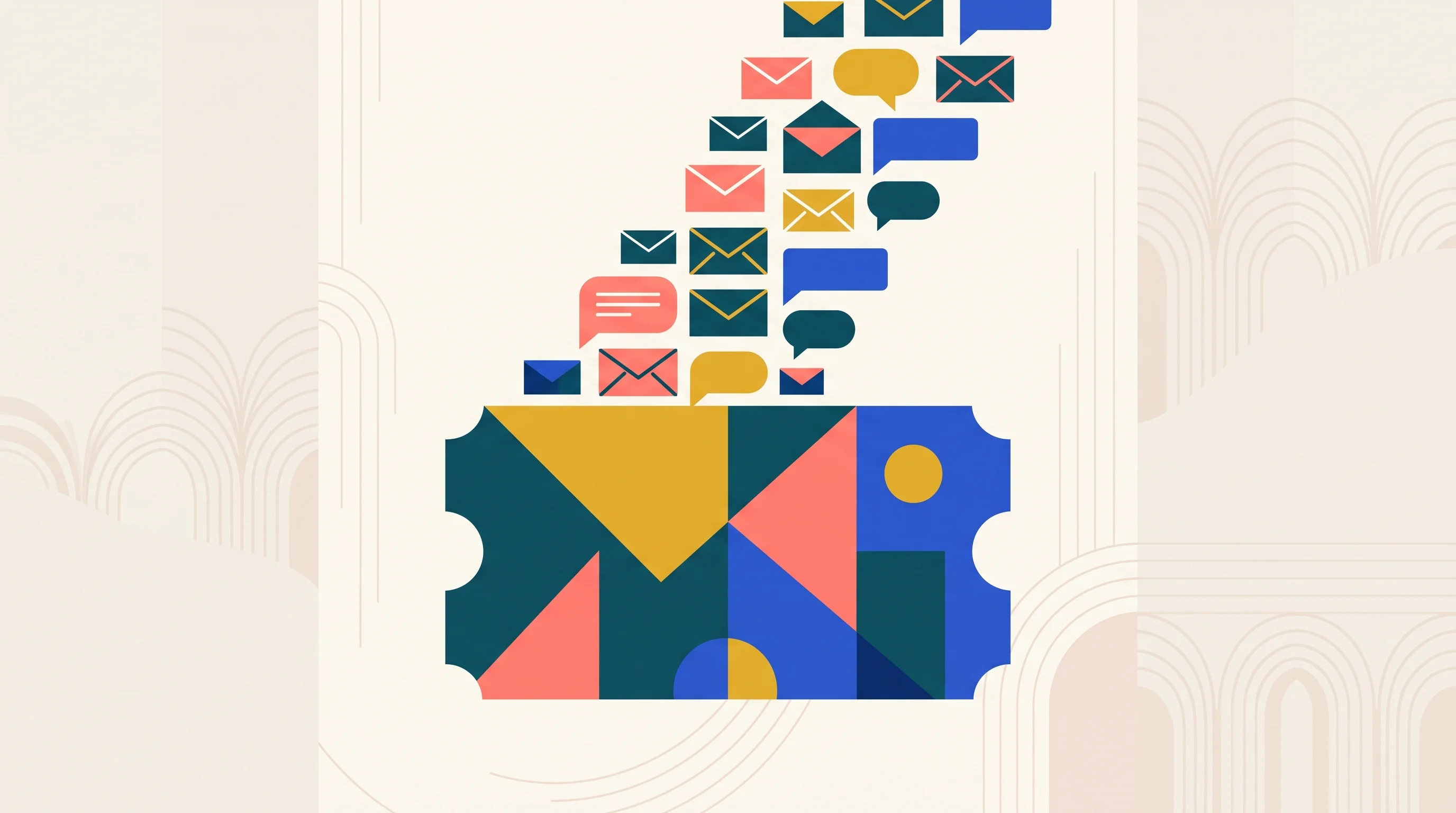 Digital illustration for article section "Content Section 4" in "Hive raises $27M to expand live event marketing platform" - A sleek, minimalist conceptual composition featuring a large, abstract geometric event ticket in the...