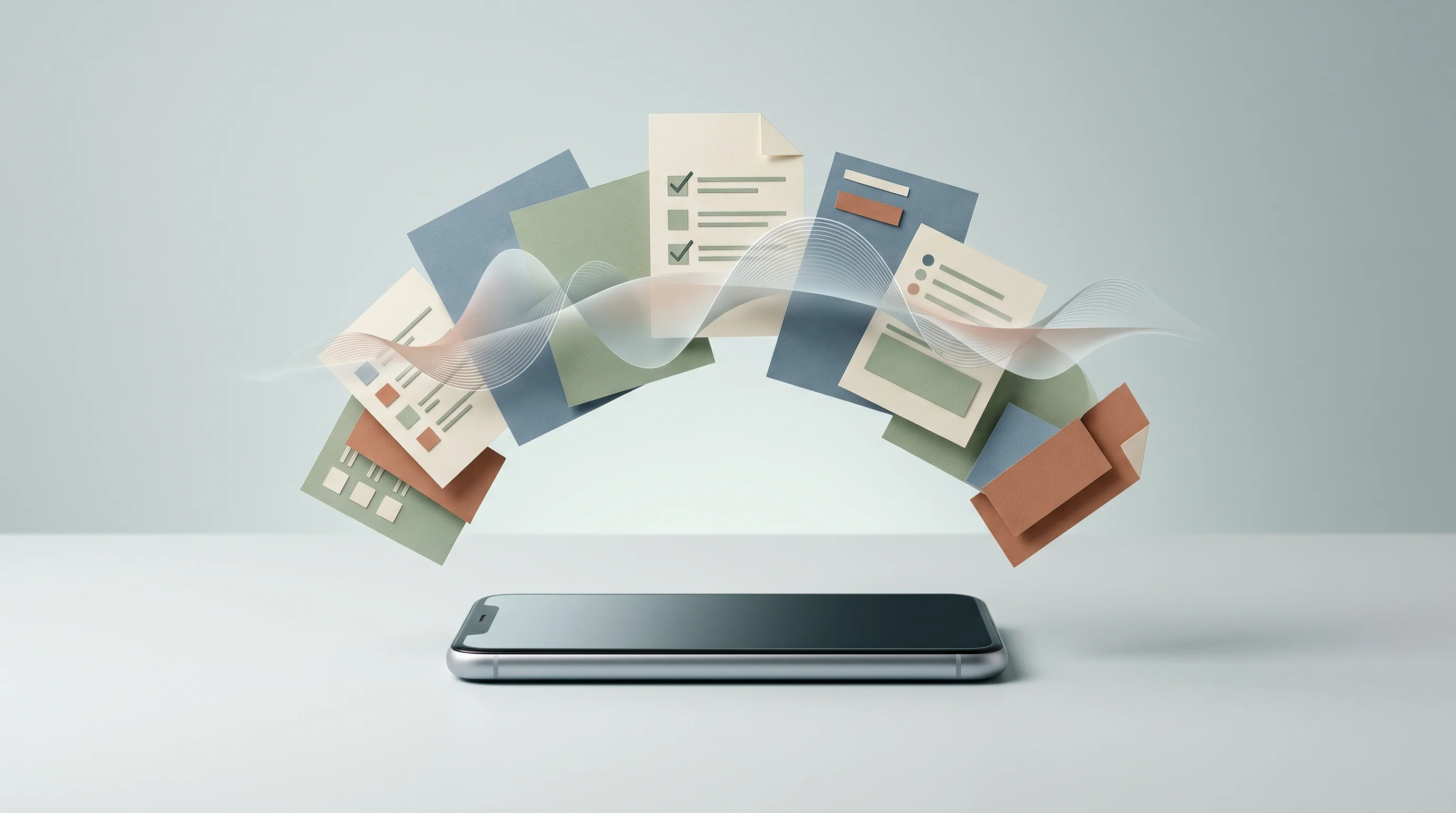 Digital illustration for article section "Running site operations by phone" in "Alloovium launches AI document layer for $400M of projects" - A sleek, modern smartphone resting on a minimalist surface, acting as the central focal point, with ...