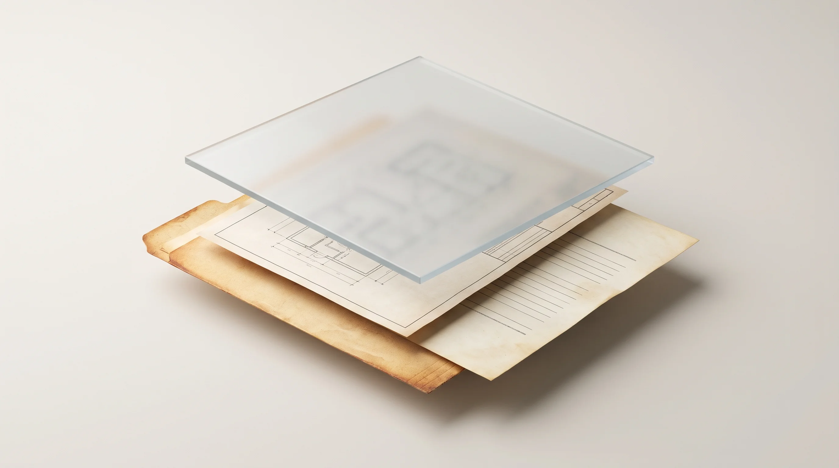 Digital illustration for article section "Sitting on top of existing systems" in "Alloovium launches AI document layer for $400M of projects" - A clean, minimal surreal digital collage representing a seamless software integration layer sitting ...