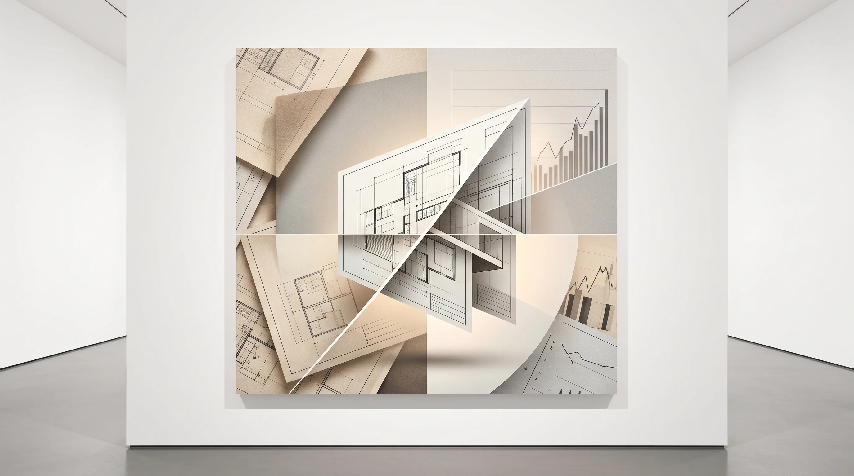 Digital illustration for article section "A crowded field" in "Alloovium launches AI document layer for $400M of projects" - A surreal digital collage featuring a clean, minimalist composition of elegantly overlapping archite...