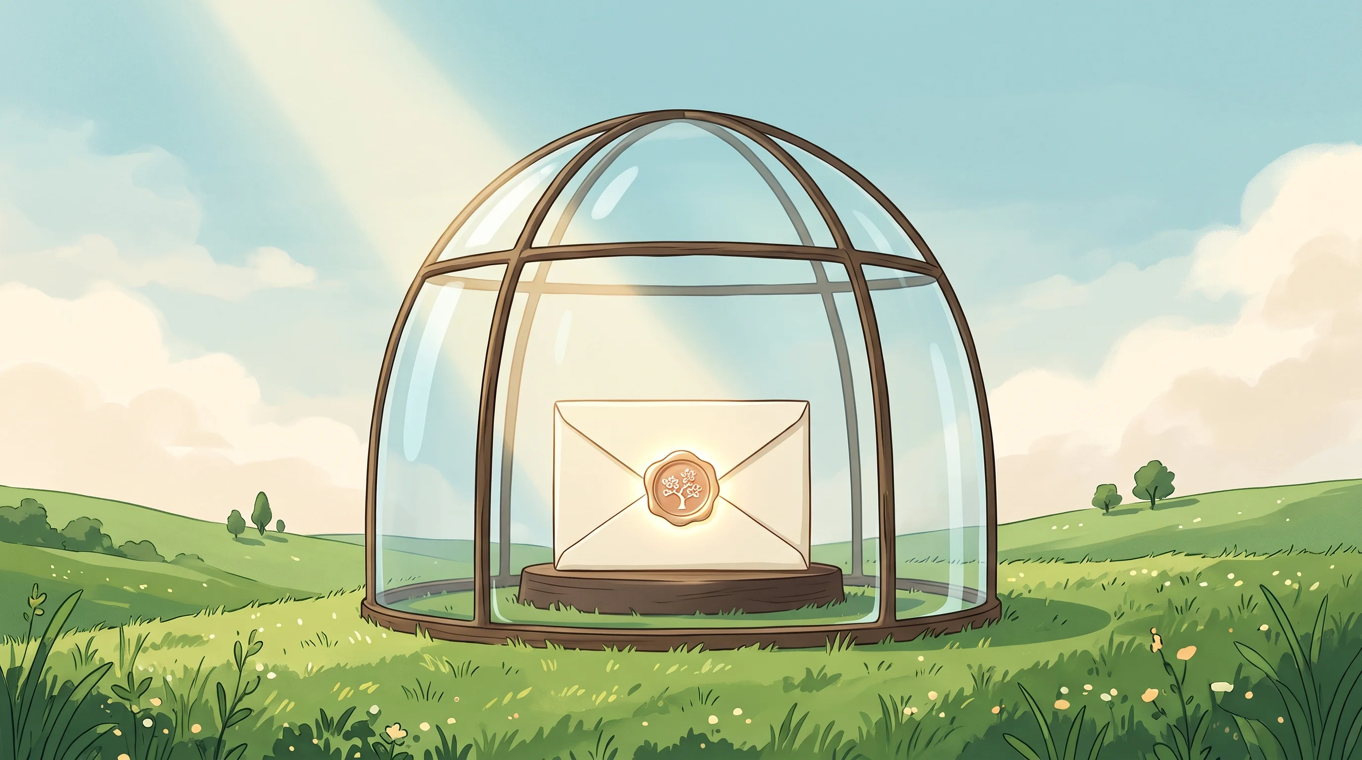 Digital illustration for article section "Encryption that ends inside the enclave" in "Caution launches hosting platform for verifiable confidential compute" - A beautifully minimalist Japanese-inspired illustration of a serene, translucent glass dome resting ...