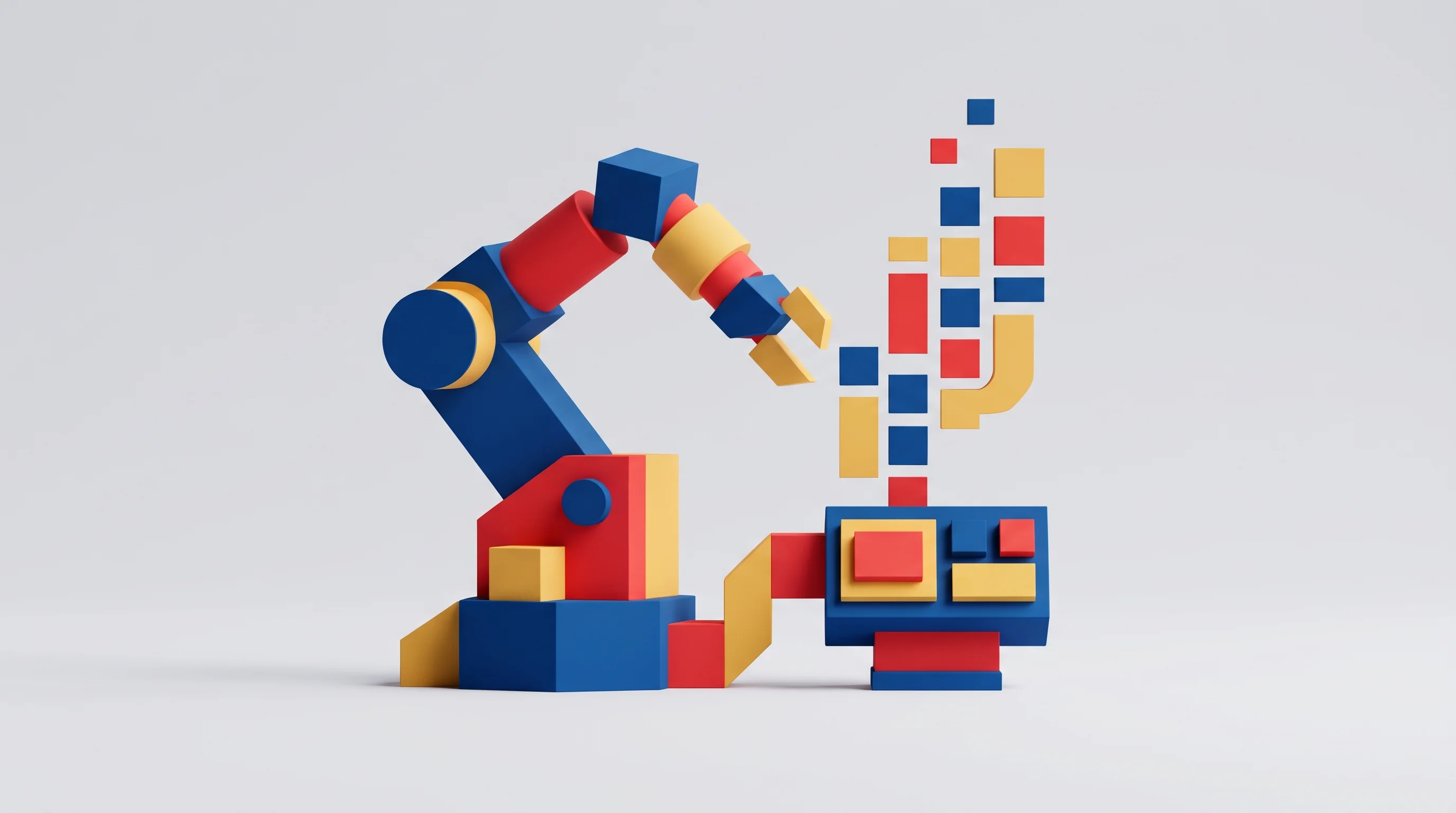Digital illustration for article section "A human backstop" in "Deploy launches robot platform to staff warehouse stations" - A conceptual, minimalist visualization of an automated assembly line featuring a stylized robotic ar...
