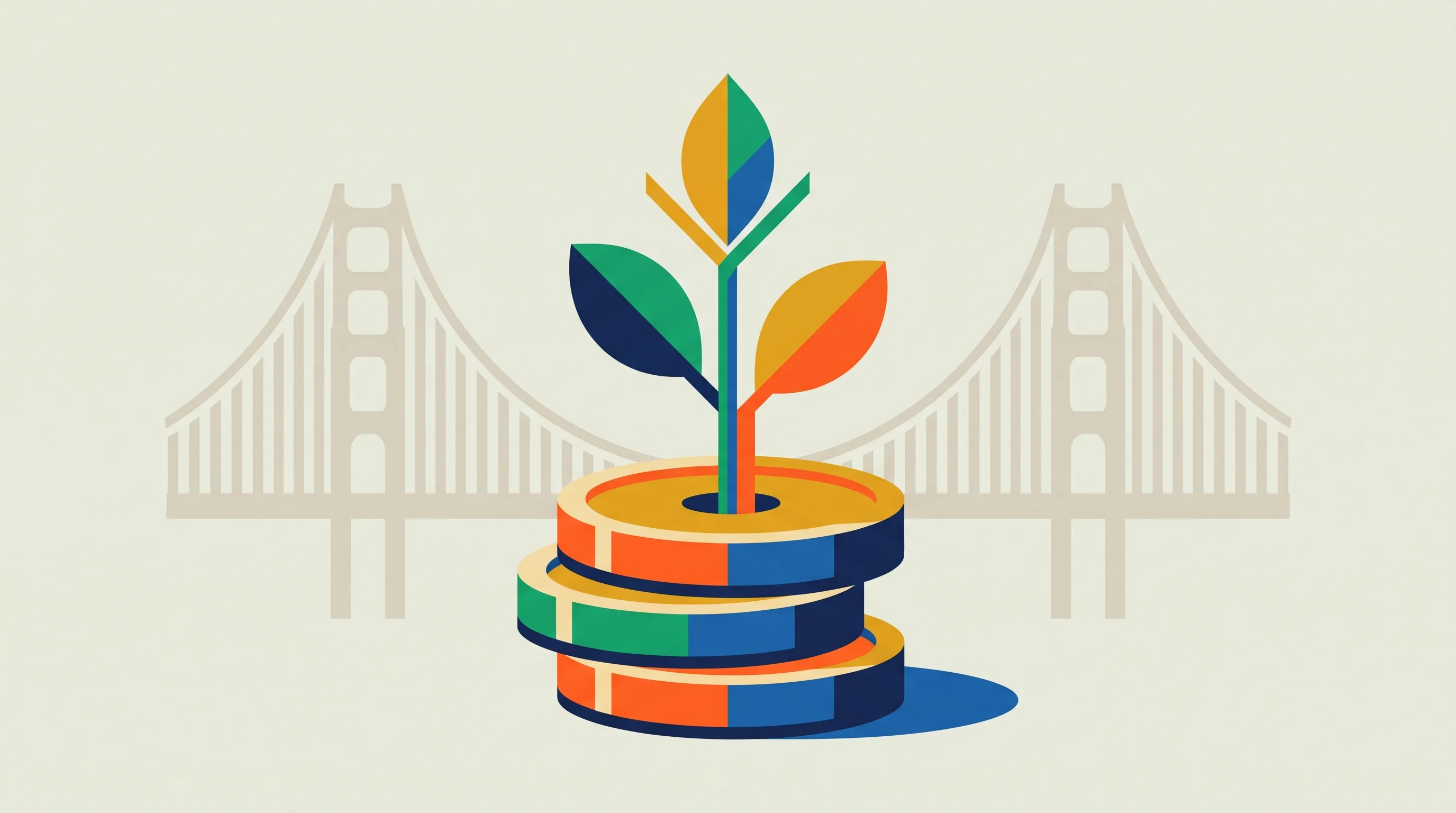 Digital illustration for article section "Frigade's background" in "Frigade launches Hob, an open-source on-device AI assistant" - A modernist illustration of a conceptual seed funding and company foundation, featuring a minimalist...