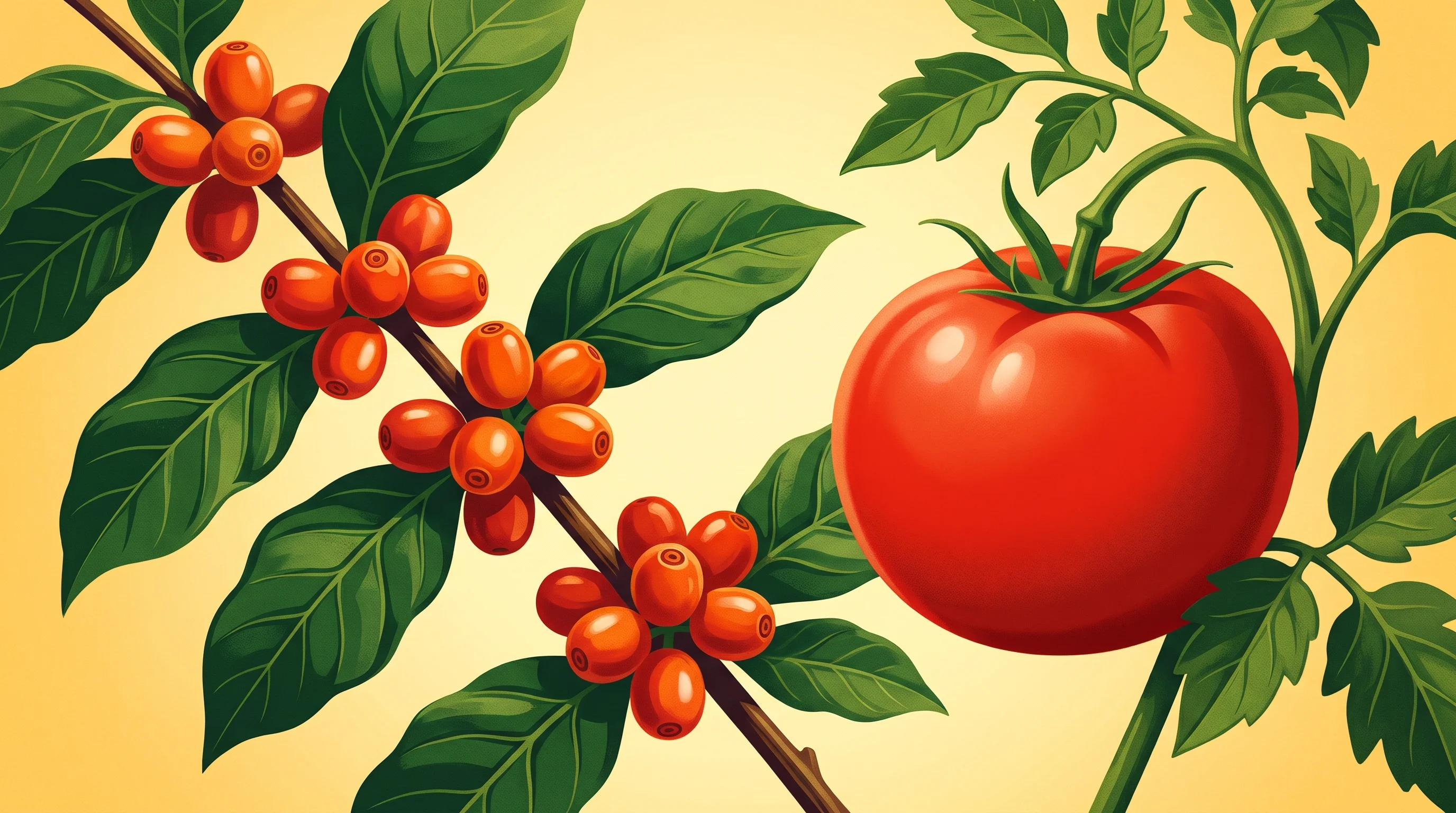 Digital illustration for article section "Technical hurdles" in "Nitroduck builds gene editing platform for every crop" - A monumental, striking close-up of a robust Coffea arabica branch with plump coffee cherries and fla...