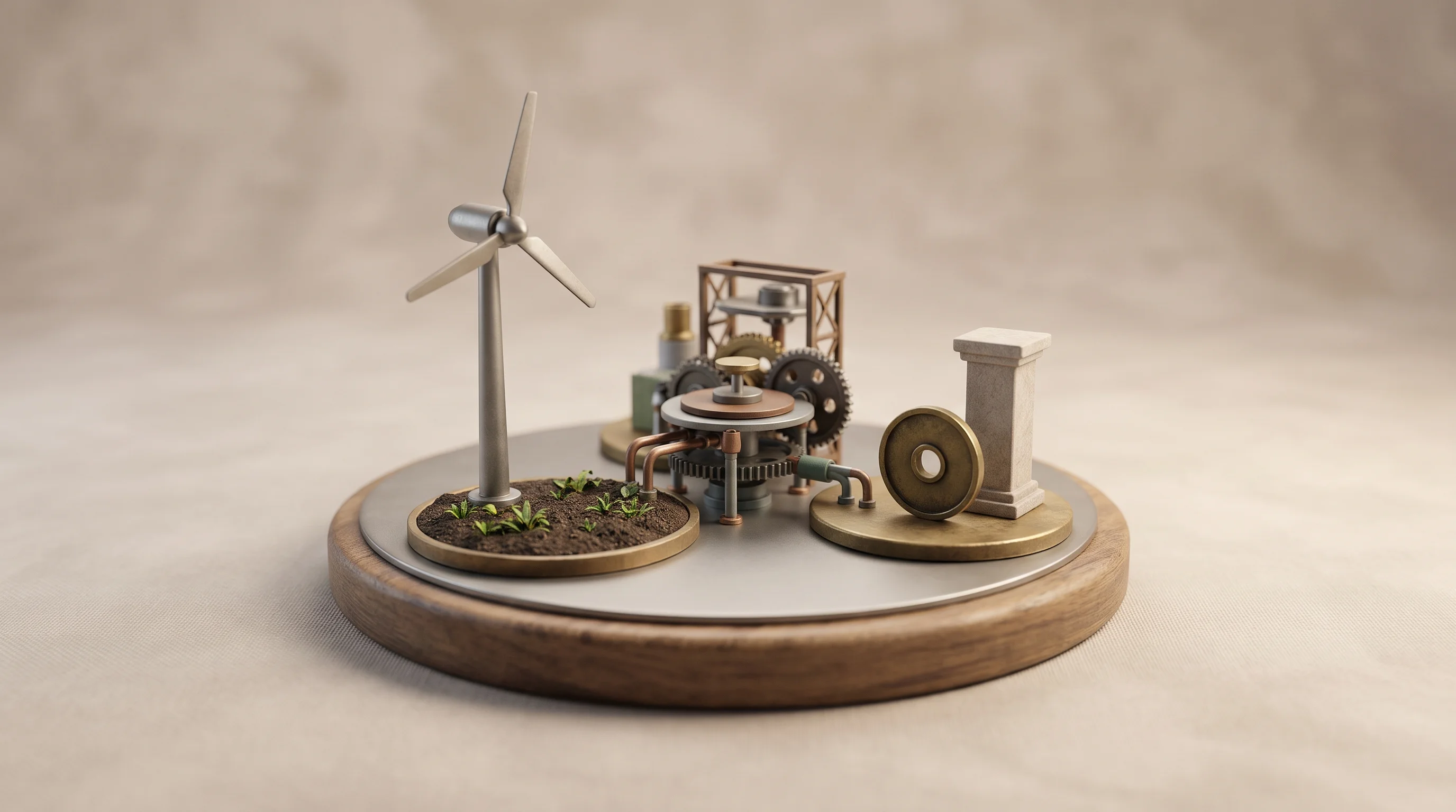 Digital illustration for article section "How a Skypark works" in "Skytree secures €1M loan for Skypark DAC hub in Iceland" - A conceptual, minimalist miniature diorama representing the collaborative business structure of a Sk...
