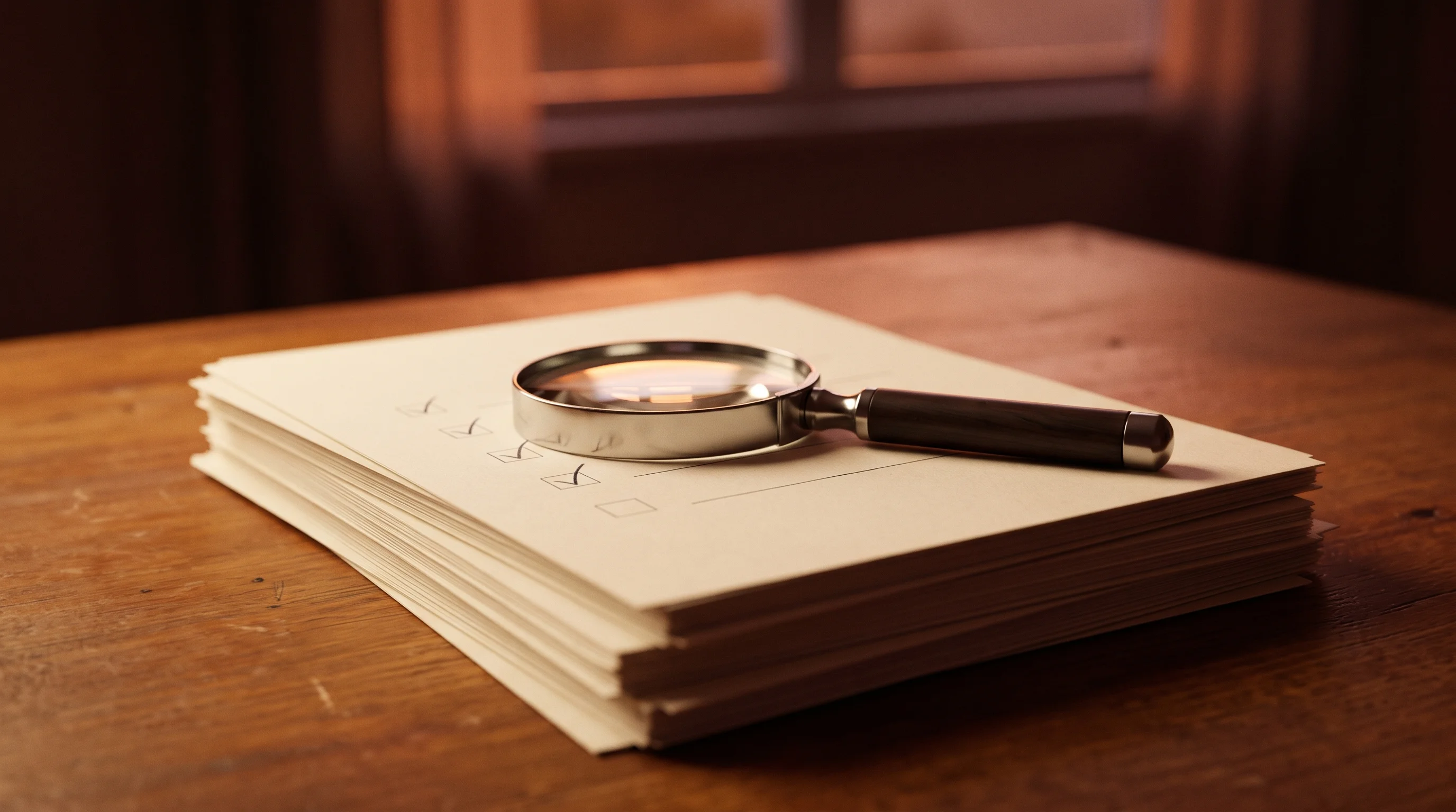 Digital illustration for article section "Daily screening and fourth-party tracking" in "Vensight launches AI vendor risk platform for mortgage lenders" - A sleek, modern magnifying glass resting carefully on a neat, minimalist stack of pristine documents...