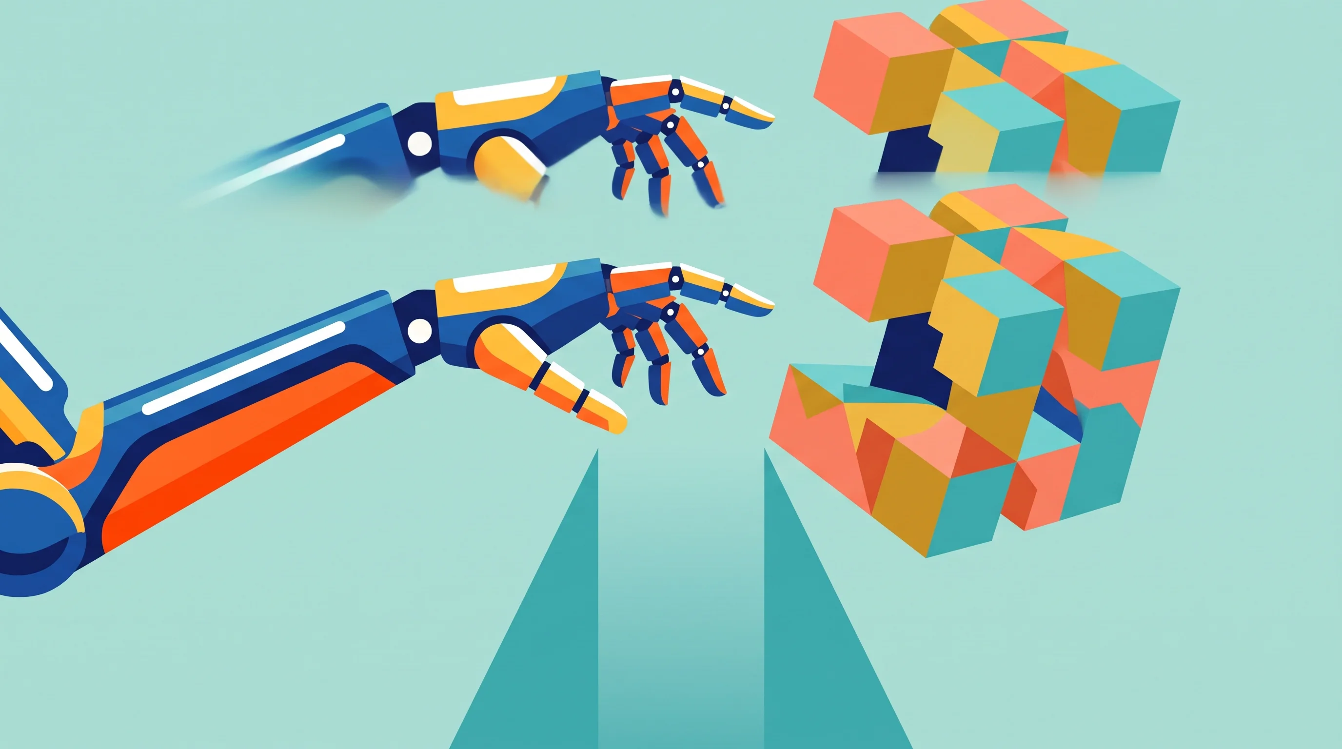 Digital illustration for article section "The data gap behind the pitch" in "Axonnic launches EMG sleeve to give robots human muscle data" - A minimalist flat illustration of a sleek, stylized robotic hand reaching across a prominent empty v...