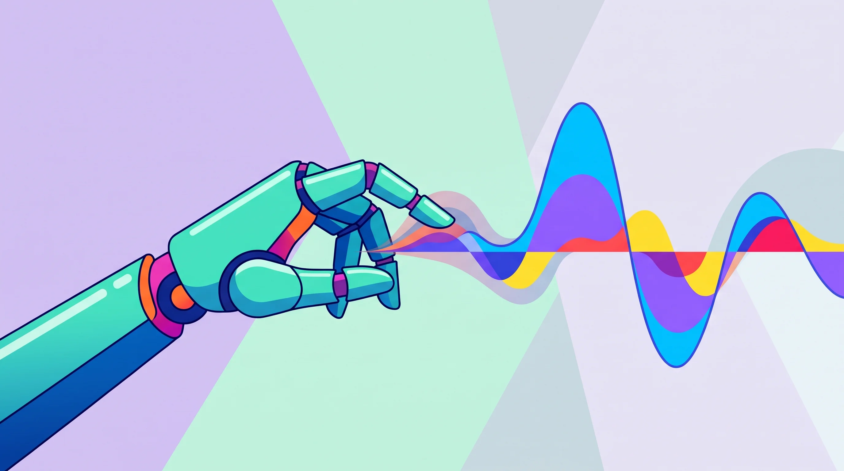 Digital illustration for article section "What to watch" in "Axonnic launches EMG sleeve to give robots human muscle data" - A sleek, minimalist robotic hand gently interacting with a smooth, geometric wave pattern representi...